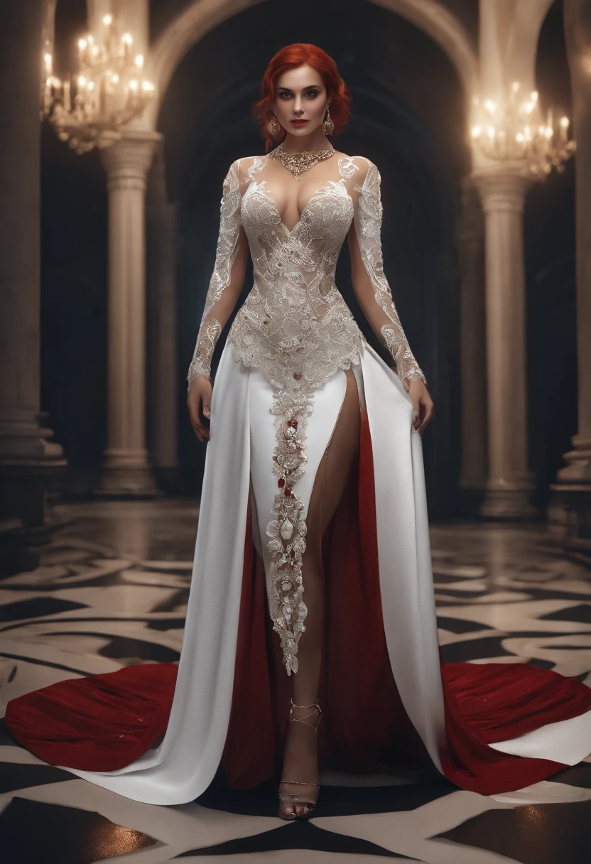 ((Masterpiece: 1.4, Best Quality))+,(Ultra Detail)+, Official Art, Unity 8k Wallpaper, Ultra Detailed, Beautiful, High Quality, Beautiful, Masterpiece, Best Quality, (Flat Chest), Full Body, Standing Painting, White Background, Red Straight Hair, Gloomy Eyes, Black Little Snake, White Theme, Red Jewelry, Studs, Black Lace Flats, Asymmetrical Skirt, Blood Stains on Skirt, Devil, Skeleton, Lots of Lace