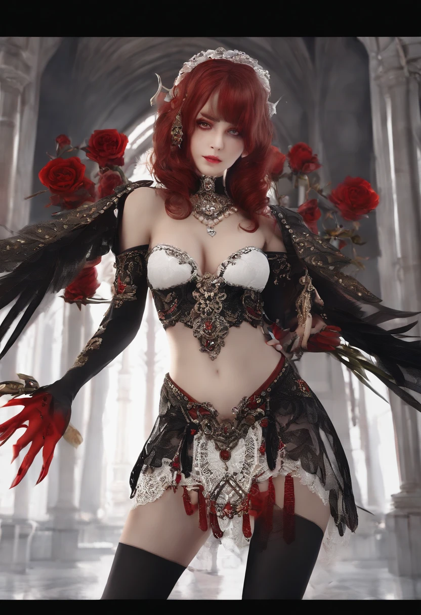 ((Masterpiece: 1.4, Best Quality))+,(Ultra Detail)+, Official Art, Unity 8k Wallpaper, Ultra Detailed, Beautiful, High Quality, Beautiful, Masterpiece, Best Quality, (Flat Chest), Full Body, Standing Painting, White Background, Red Straight Hair, Gloomy Eyes, Black Little Snake, White Theme, Red Jewelry, Studs, Black Lace Flats, Asymmetrical Skirt, Blood Stains on Skirt, Devil, Skeleton, Lots of Lace