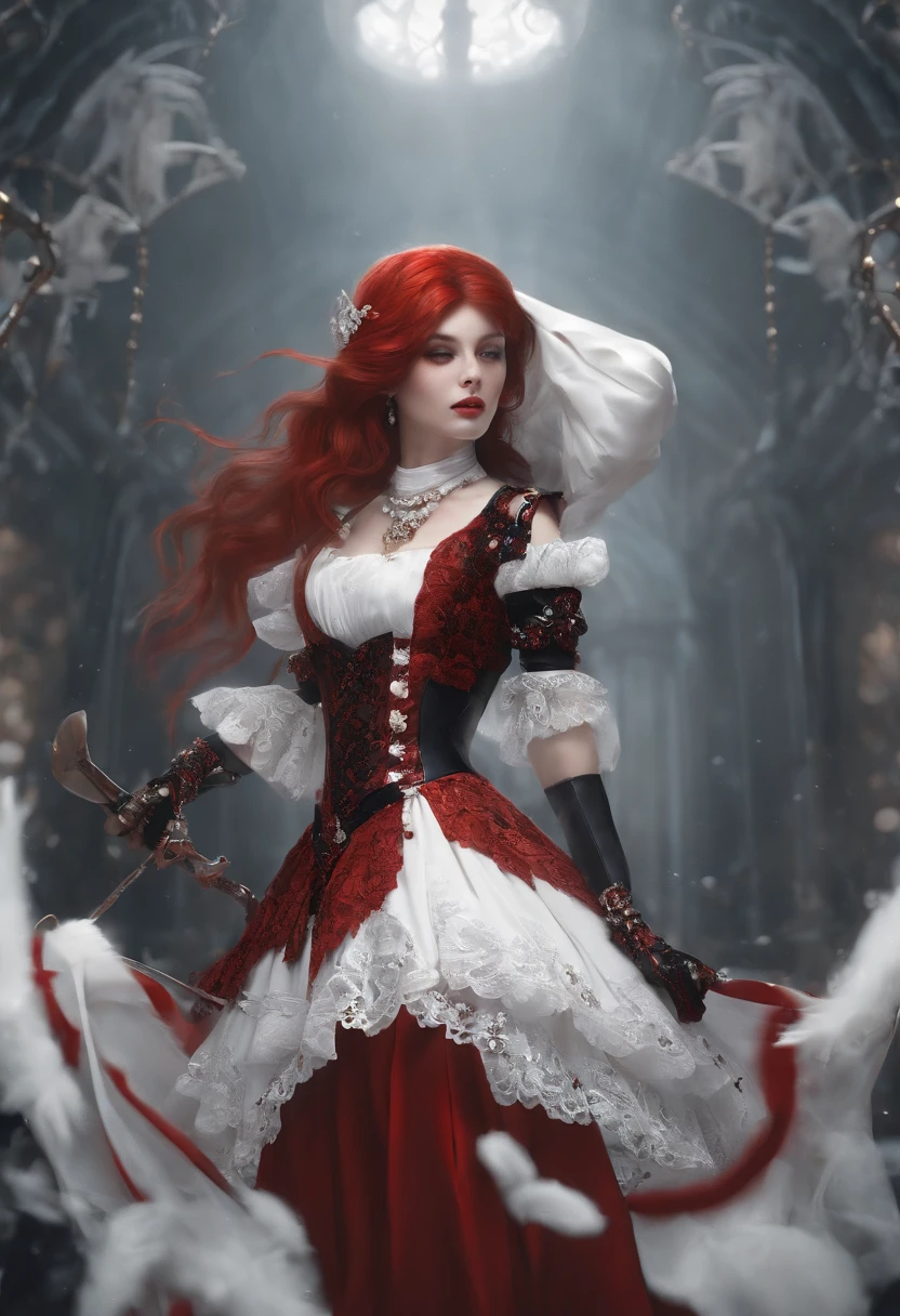 ((Masterpiece: 1.4, Best Quality))+,(Ultra Detail)+, Official Art, Unity 8k Wallpaper, Ultra Detailed, Beautiful, High Quality, Beautiful, Masterpiece, Best Quality, (Flat Chest), Full Body, Standing Painting, White Background, Red Straight Hair, Gloomy Eyes, Black Little Snake, White Theme, Red Jewelry, Studs, Black Lace Flats, Asymmetrical Skirt, Blood Stains on Skirt, Devil, Skeleton, Lots of Lace