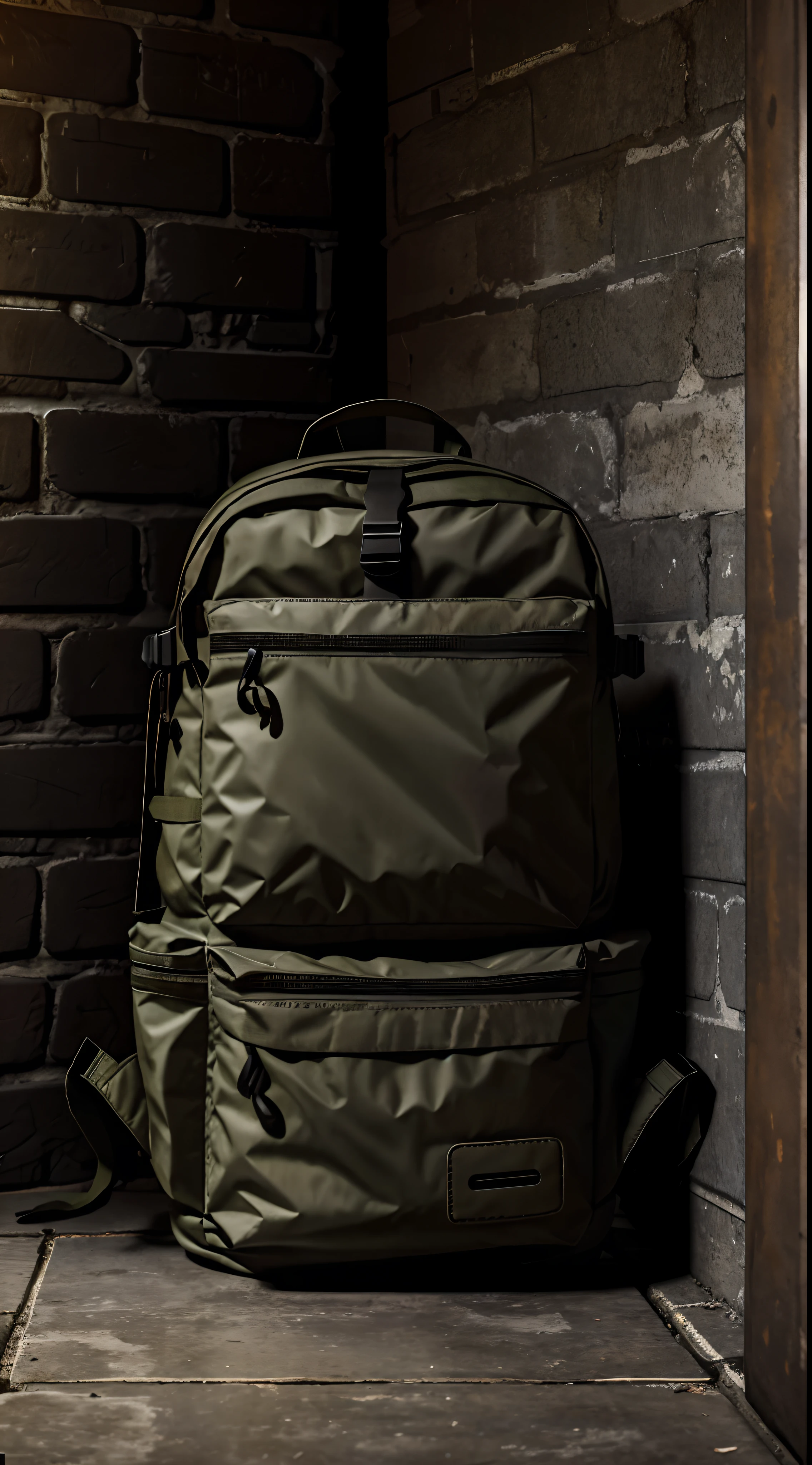 A photograph photorealistic realism, a single military rucksack alone in a corner dark darkness