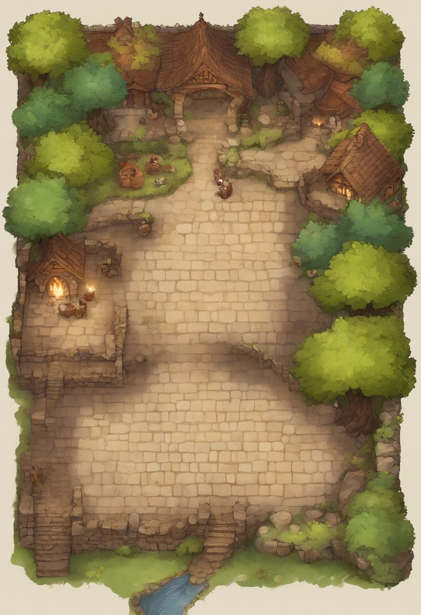 Tiro de cima para baixo de um drone, 2D, Mapa de batalha de casa abandonada de interior bem iluminada, 3 andares, parte destruida, afluentes, mas humildes, Dungeons and Dragons, Final Fantasy, arte do jogo, (arquitetura e interiores coerentes, with realistic proportions and textures, detalhes intrincados, Hand drawn, vibrante, Cinematic lighting, master part, 8k)