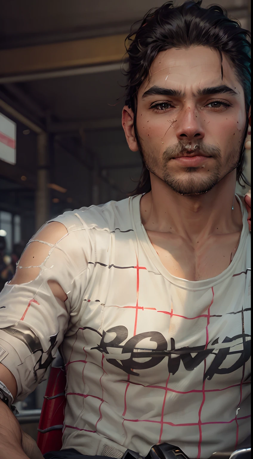 Change background into a road with fire work's, sitting on the rx100 bike, change body like gym person, change  into black shirt,