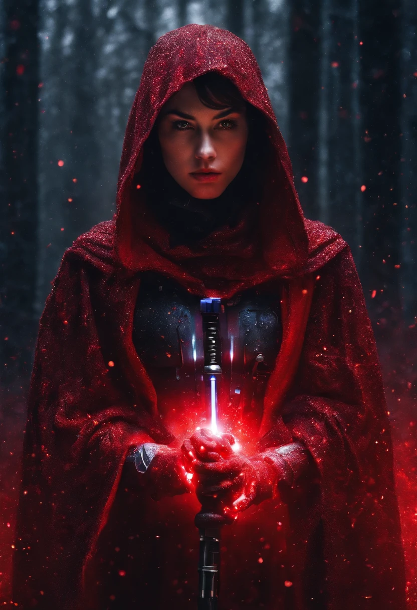 Twenty-year-old European brunette woman in star wars sith costume, avec des lentilles jaunes, in a borehole with a filter that makes it darker and more mysterious, with a realistic red lightsaber in his hand, Illuminating at these feet , avec une cape et capuche noir, chaussure noir, Realistic 4k HD