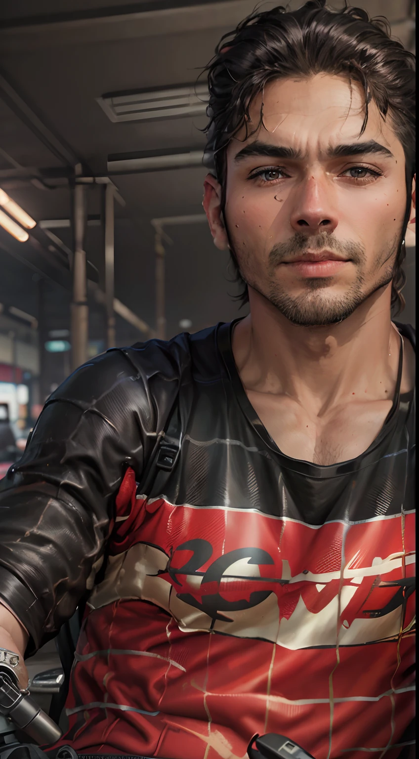 Change background into a road with fire work's, sitting on the rx100 bike, change body like gym person, change into black shirt,