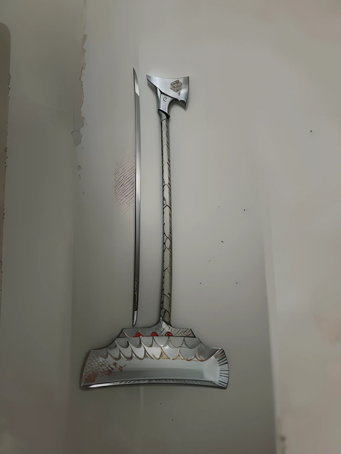 The blade has a deep red texture,The bottom of the blade is covered with fish scales,The handle is flanked by fishtails,There is no handle