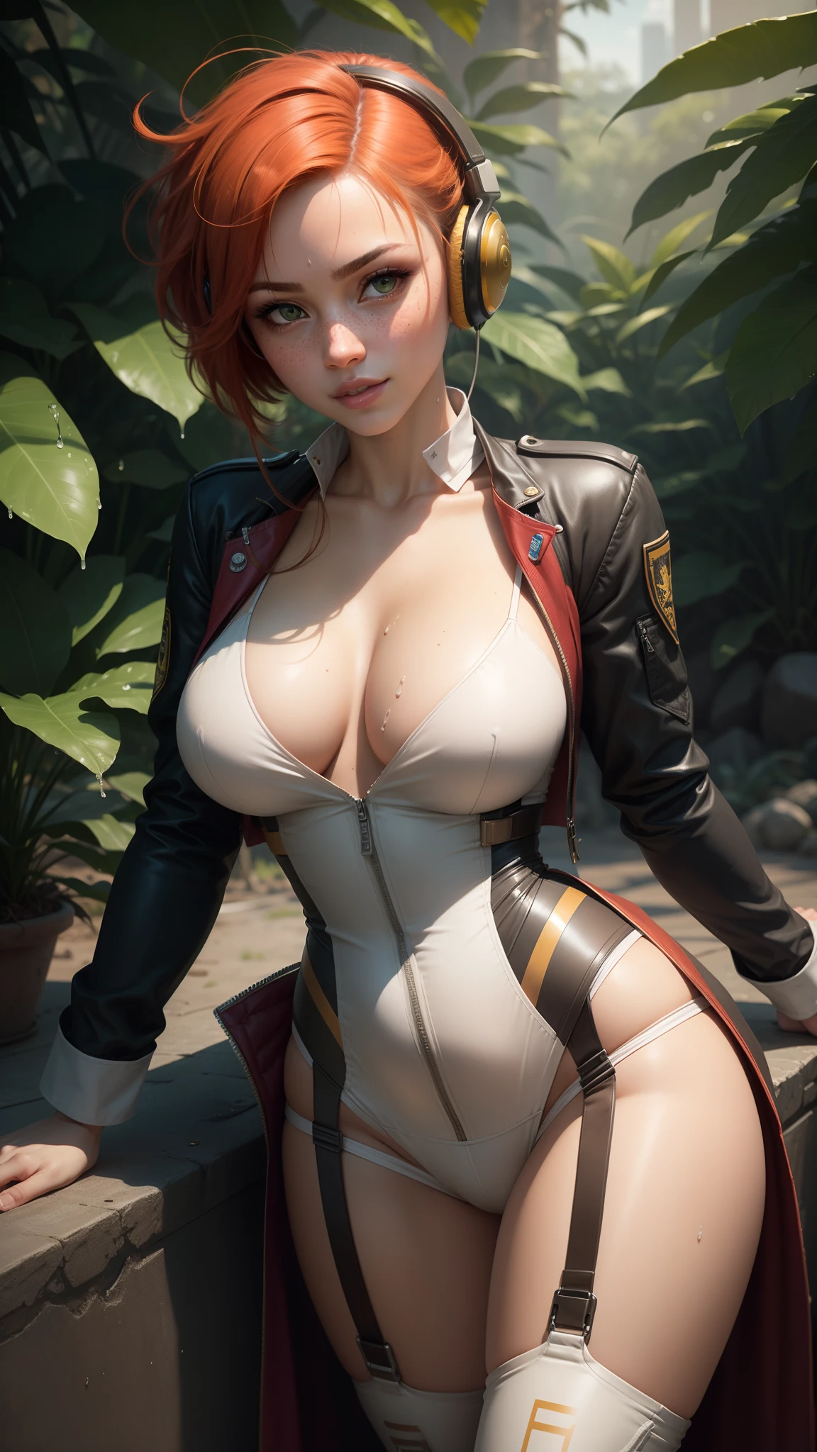 gwen tennyson,tracer,chun-li,rebecca chambers,tomb raider,overwatch,1girl, close up,mecha pilot,mayan jungle,red and white plugsuit,hair pin,pirate corset, white long sleeve lycra top,silver lycra micro skirt,short hair,cute makeup, green eyes,orange and gold hair,shy smile,freckles,redhead,beautiful girl,large breasts,ultra detailed,realistic, fantasy art,military uniform,police uniform,pilot scarf,pilot jacket,tank,wet shirt,thigh high boots,gaming headset,garter belt, chinese girl,