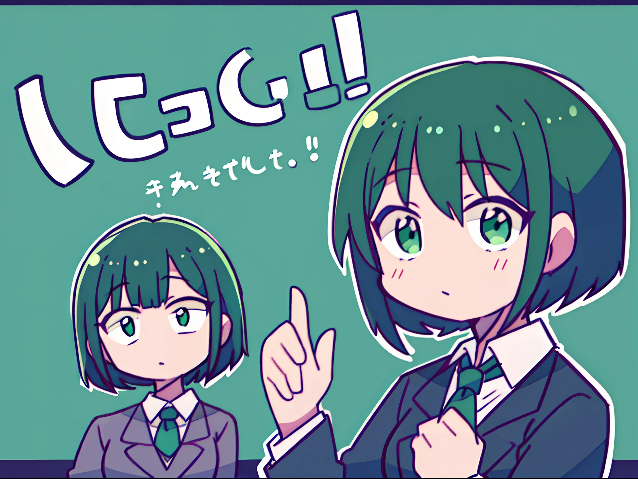Green and black hair, girl with short hair and suit