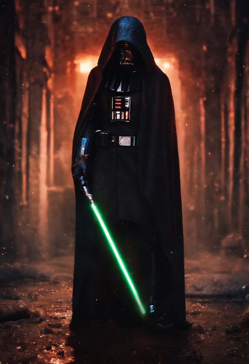 European woman with black hair in her twenties in star wars sith costume, avec des lentilles jaunes, in a borehole with a filter that makes it darker and more mysterious, with a realistic red lightsaber in his hand, Illuminating at these feet , avec une cape et capuche noir, chaussure noir, Realistic 4k HD