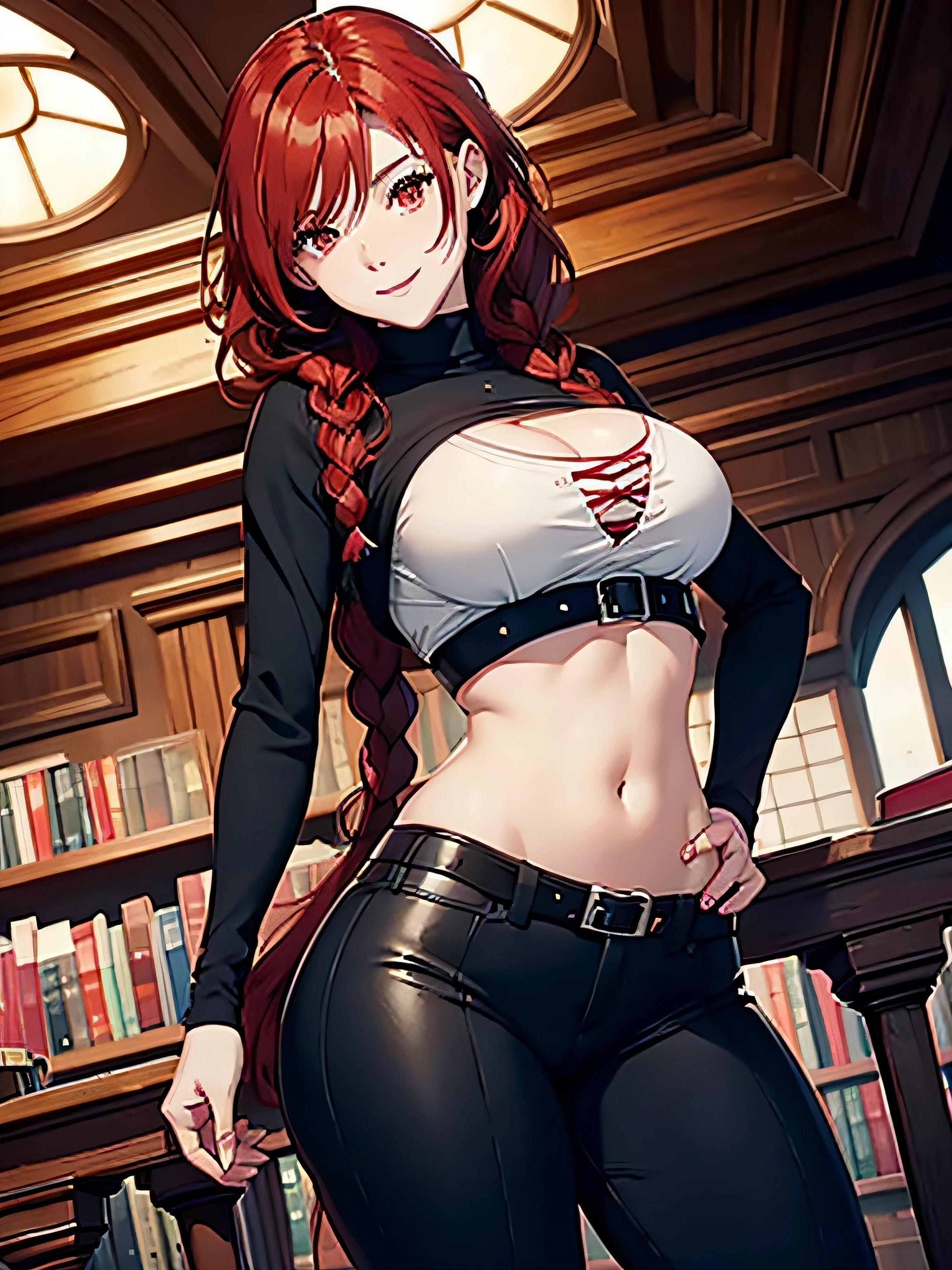 1girl, red hair, red eyes, pale skin, black leggings, boots, smile, curly hair, white shirt, wide hips, medium breasts, cleavage, hands on hips, library, from below, braid