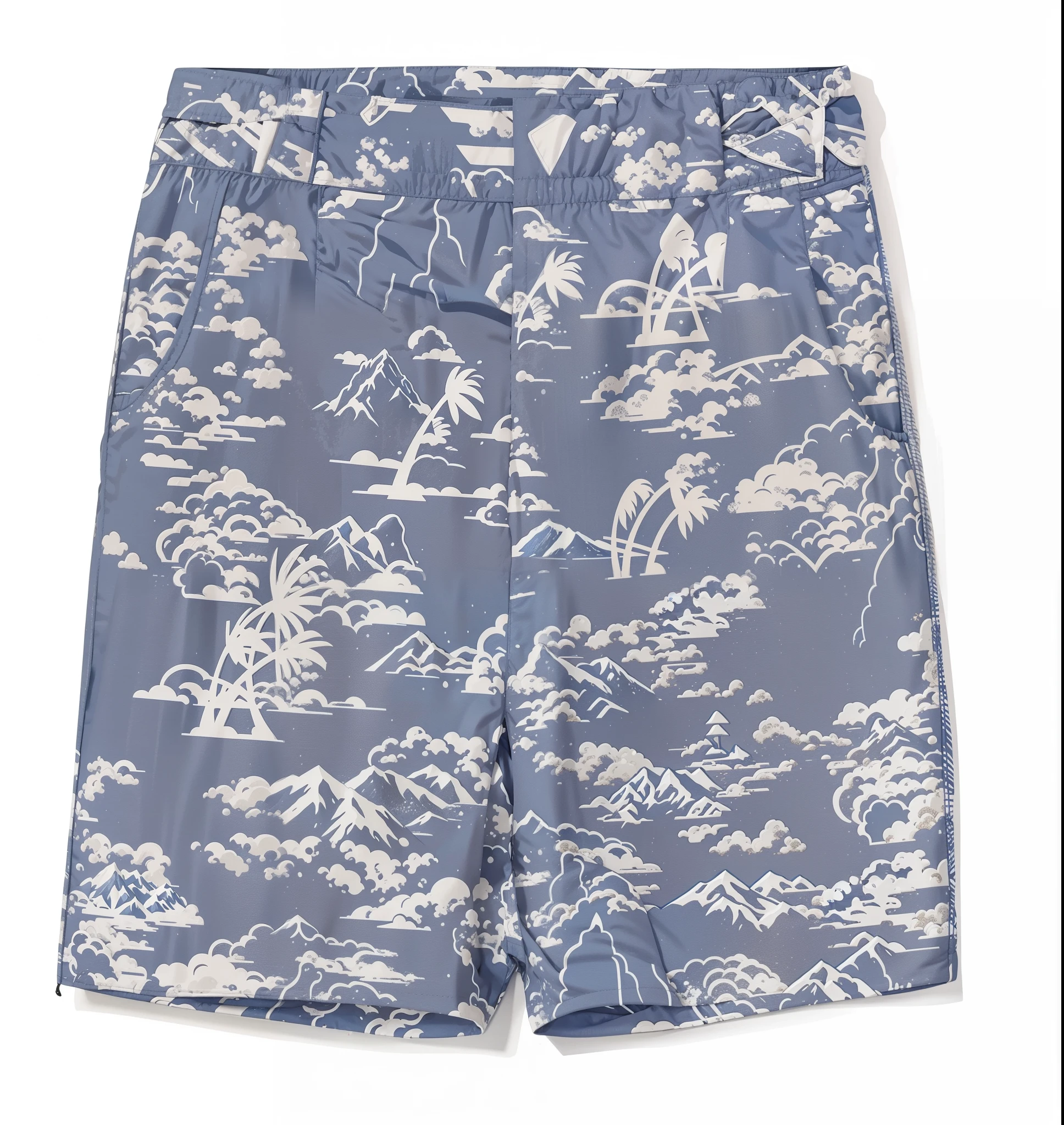 An image of a blue and white pair of shorts ((arte vetorial)), VECTOR WITH PATTERN OF MOUNTAINS AND SMALL COCONUT TREES