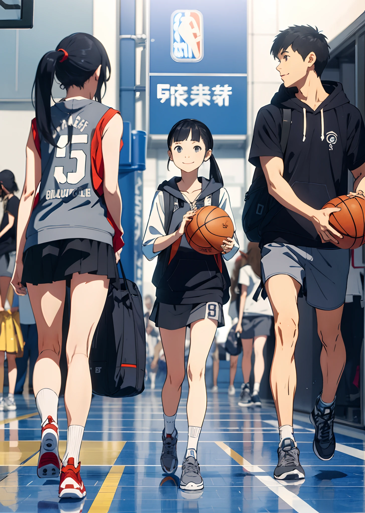 Japan female, 、Black hair long hair、Bangs Patsun、poneyTail、grey miniskirt、Black hoodie、a smile、Harajuku、highly accurate、basketball shoes、Ricksack