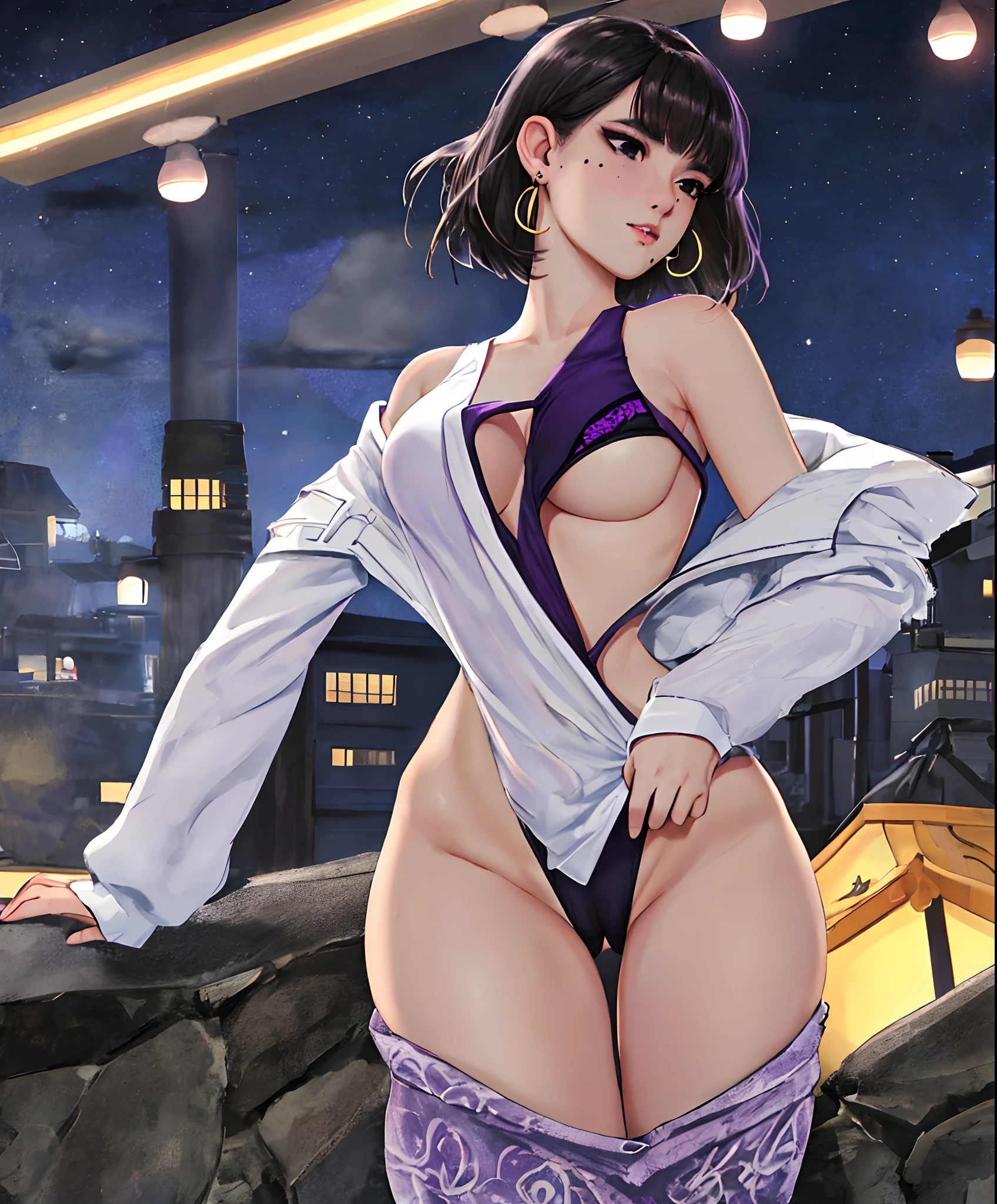 masterpiece, best quality, night, bishoujo, medium hair, black hair, bangs, large breasts, purple eyeshadow, black eyes, mole under eye, earrings, real, longeyelashes, no_panties, solo, small_, cameltoe, shaved_, exhibitionism, no bra, breasts out, undressing,