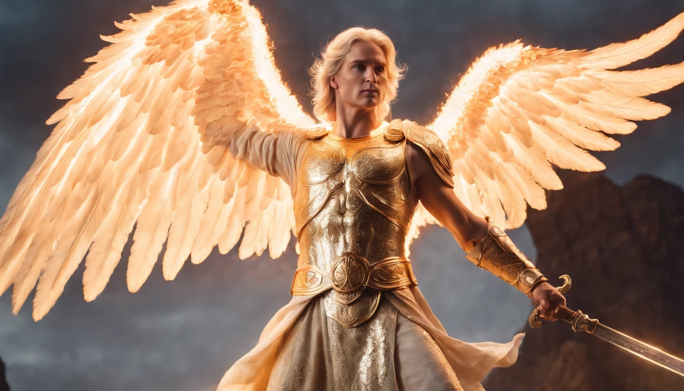 Capture an image of Archangel Michael in all his glory, wielding a flaming sword majestically and imposingly. The scene should be dramatic, with divine rays of light highlighting his powerful figure.