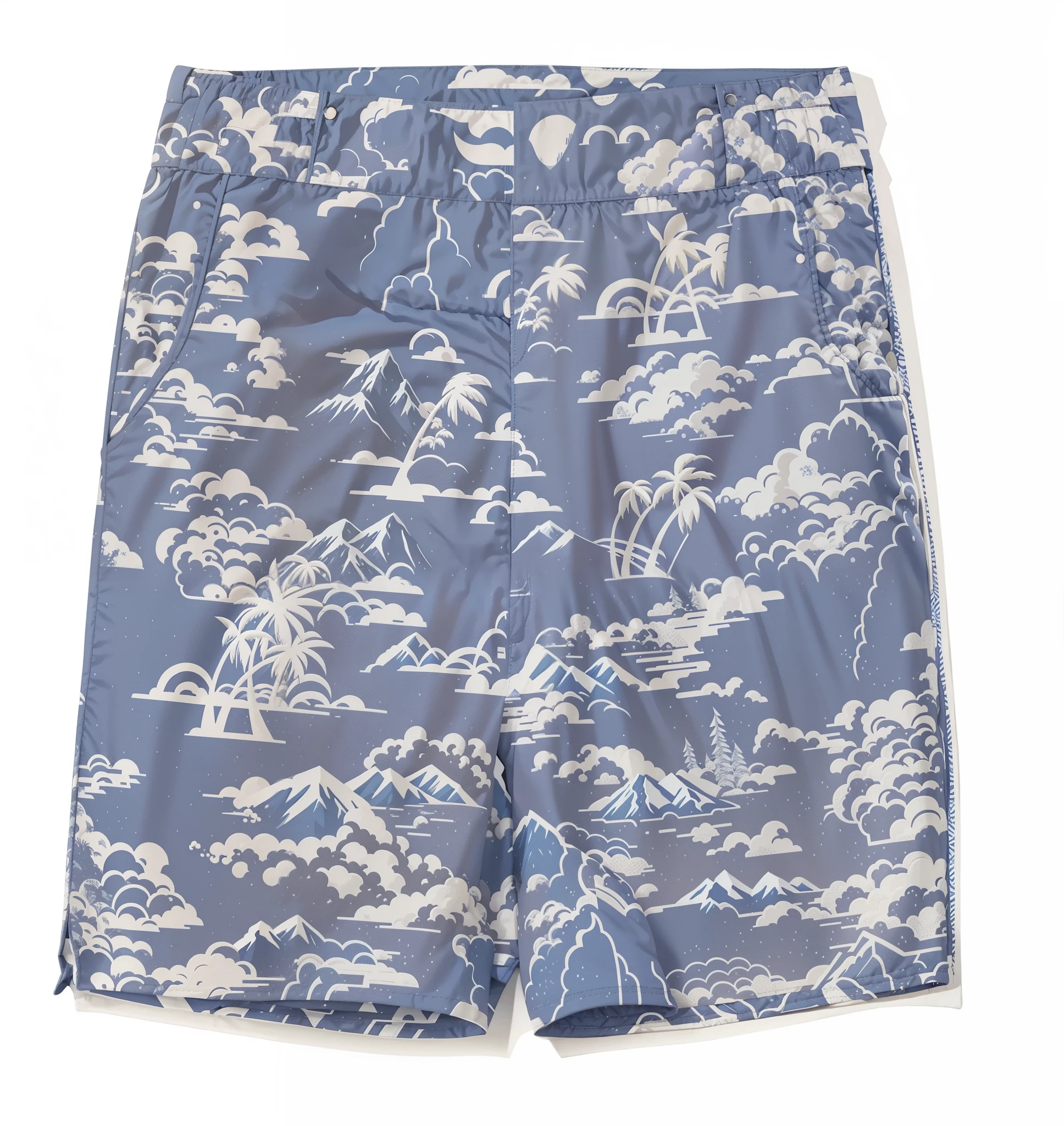 An image of a blue and white pair of shorts ((arte vetorial)), VECTOR WITH PATTERN OF MOUNTAINS AND SMALL COCONUT TREES