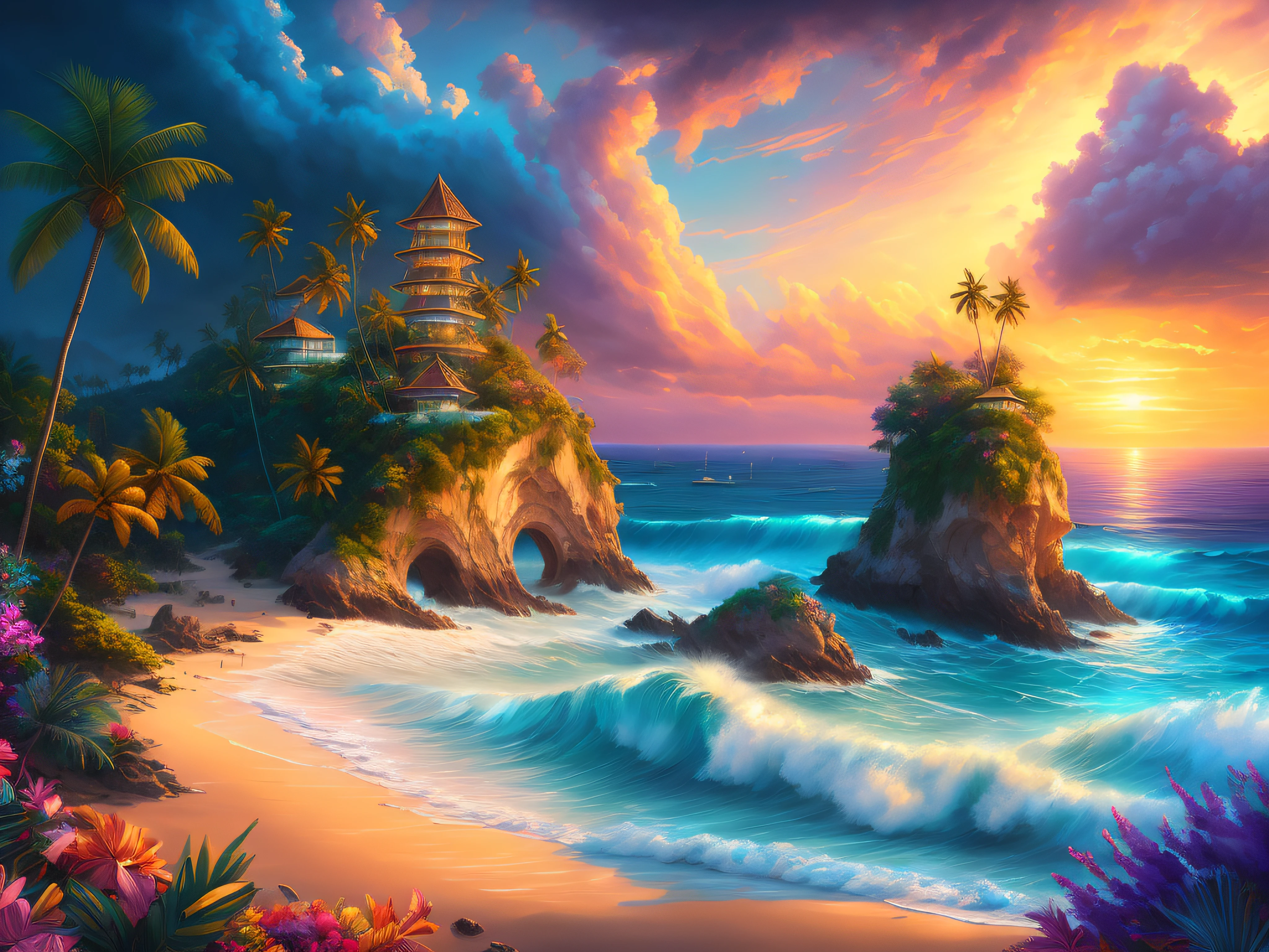 (8k masterpiece, RAW painting:1.2), a tropical island at sunset, architecturally beautiful modern villas perched on the steep cliff face, tall palm trees line the coast along the golden sandy beach, huge tsunami barrel wave rolls into the cove, colourful flowers line the clifftops, (dramatic colourful sky), purple_yellow_ storm_clouds, lightning, digital painting, gorgeous digital painting, beautiful art uhd 4 k, stunning digital painting, tropical atmosphere, 4k highly detailed digital art, dreamlike digital painting, beautiful oil matte painting, rhads and thomas kinkade, dream scenery art, highly detailed digital painting, fantasy sea landscape, very beautiful digital art