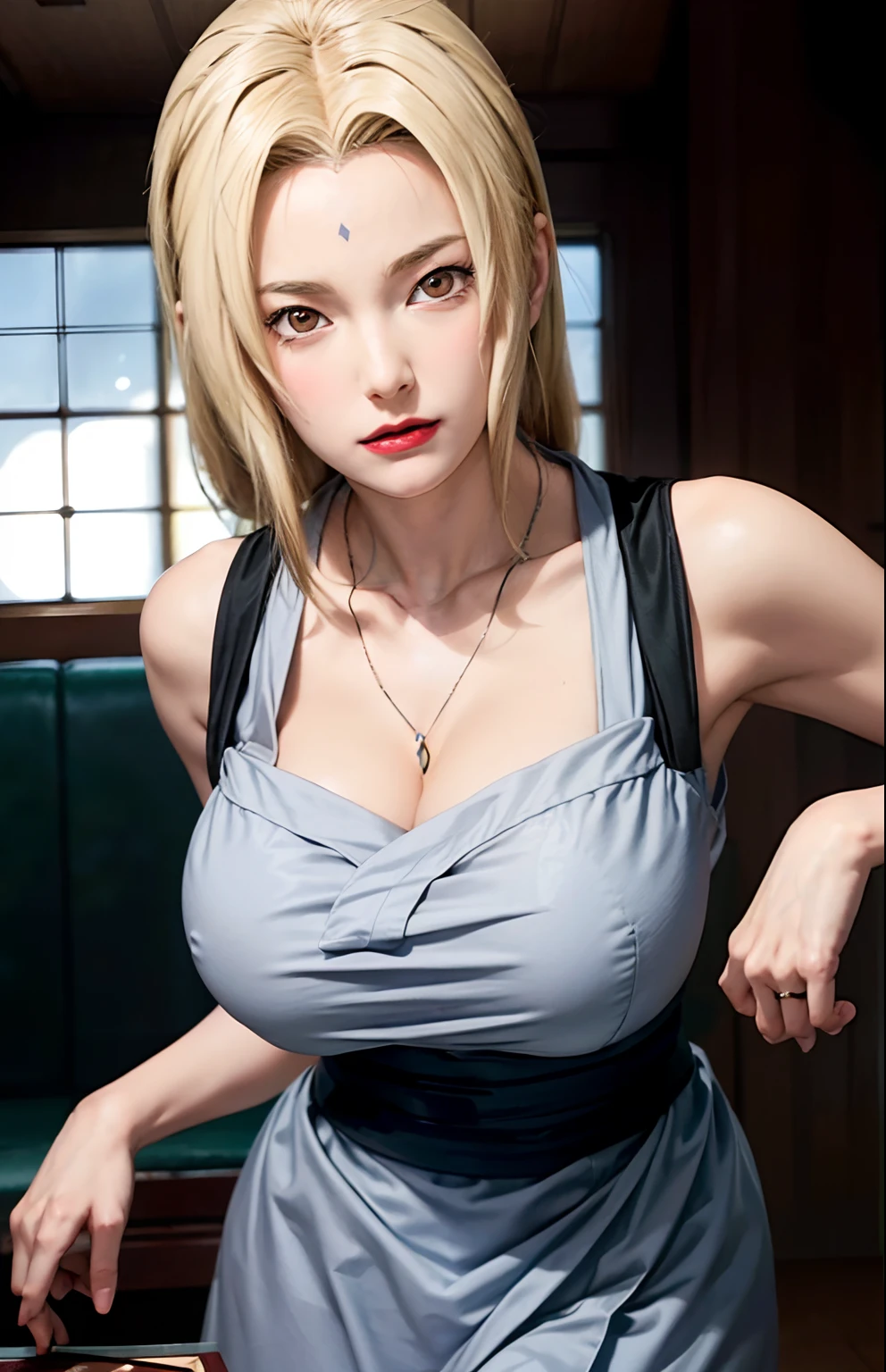 (huge tits), cleavage, good anatomy, masterpiece, best quality, 4k, 8k, professional photography, soft light, sharp focus, 1 girl,  blonde hair, kimono, (mountai), clouds, blonde hair, parted banks, detailed face+brown eyes, smile, closed lips, lipstick, bookshelves, windows,realistic, Tsunade in anime (Naruto)