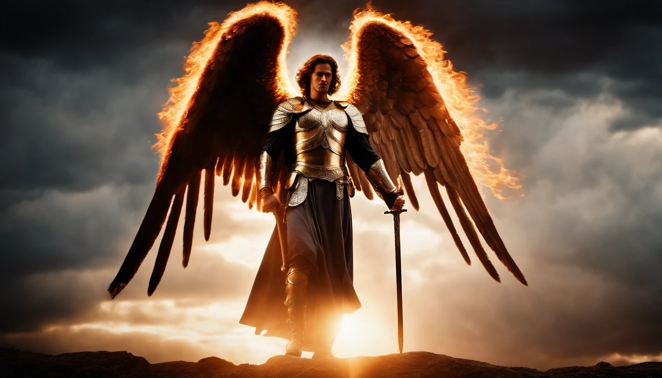 Capture an image of Archangel Michael in all his glory, wielding a flaming sword majestically and imposingly. The scene should be dramatic, with divine rays of light highlighting his powerful figure.