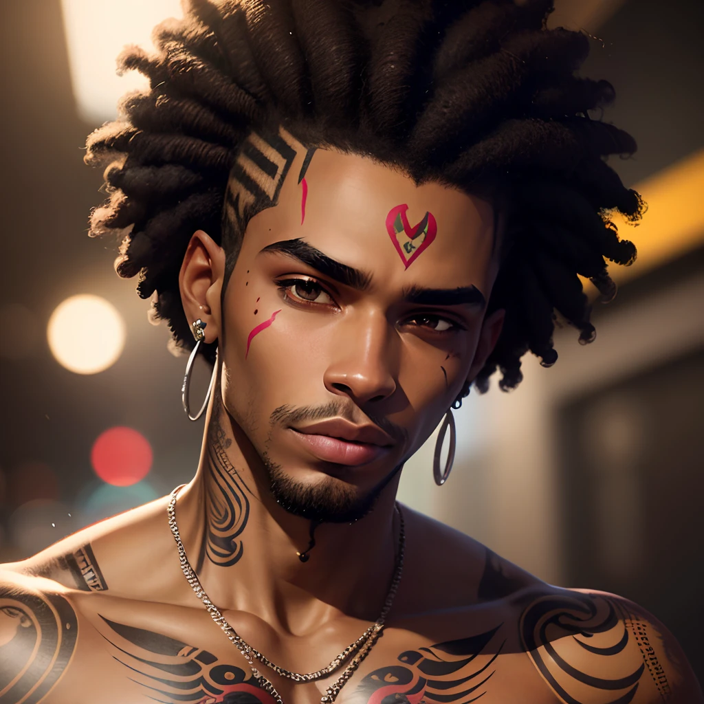 slender afro-Brazilian man in his 20s, with tattoos all over his body and face, has an eyebrow piercing, vibrant colors, realistic portrait, sharp focus, vibrant tattoos, detailed face and body, contemporary art style, bokeh background, dramatic lighting