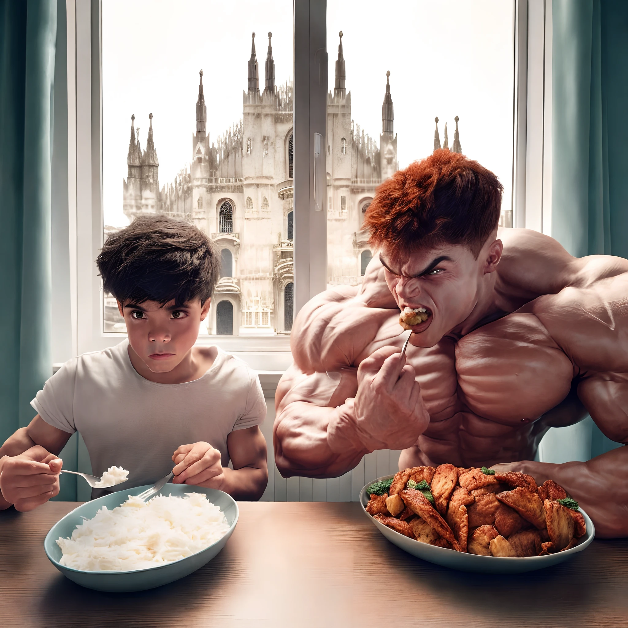 there is a man and a boy eating food at a table, super realistic food picture, musclebound and hulking, inspired by Mike Winkelmann, eating meat, extreme muscles, inspired by Michaelangelo, exaggerated muscle physique, foodporn, muscular characters, made of flesh and muscles, people inside eating meals, giant and fat, goku in real life