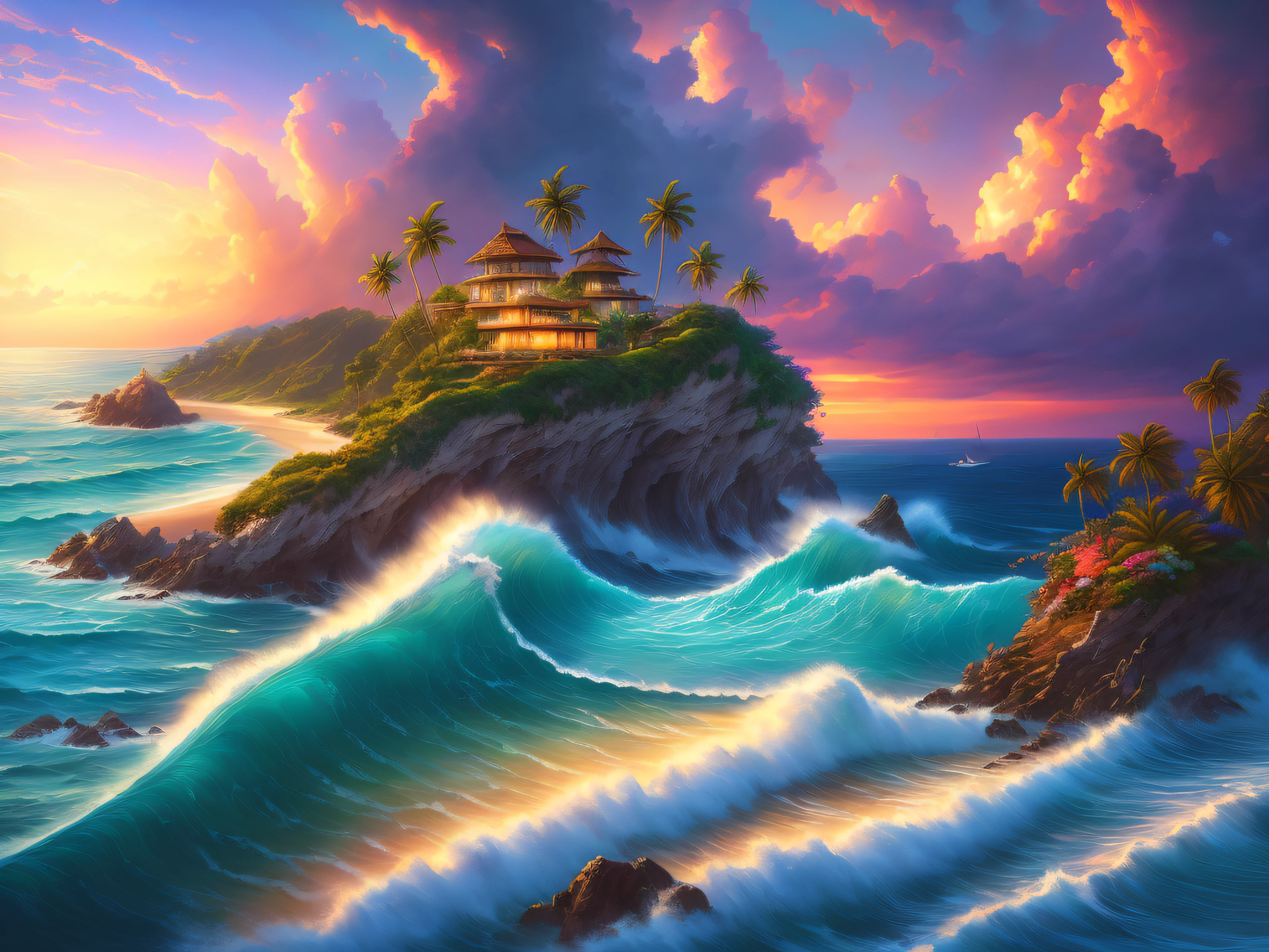 (8k masterpiece, RAW painting:1.2), a tropical island at sunset, architecturally beautiful modern villas perched on the steep cliff face, tall palm trees line the coast along the golden sandy beach, huge tsunami barrel wave rolls into the cove, colourful flowers line the clifftops, (dramatic colourful sky), purple_yellow_ storm_clouds, lightning, digital painting, gorgeous digital painting, beautiful art uhd 4 k, stunning digital painting, tropical atmosphere, 4k highly detailed digital art, dreamlike digital painting, beautiful oil matte painting, rhads and thomas kinkade, dream scenery art, highly detailed digital painting, fantasy sea landscape, very beautiful digital art