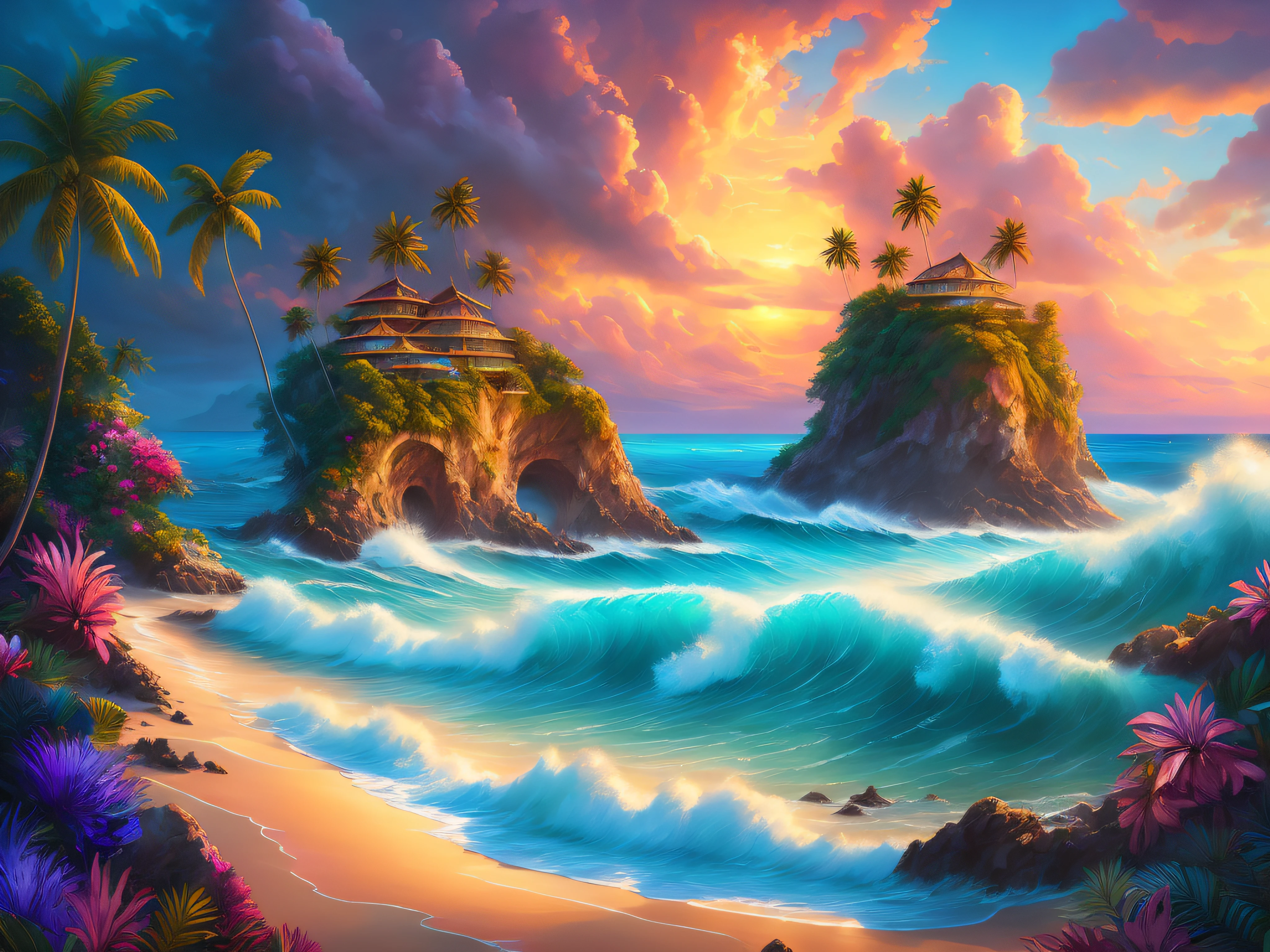 (8k masterpiece, RAW painting:1.2), a tropical island at sunset, architecturally beautiful modern villas perched on the steep cliff face, tall palm trees line the coast along the golden sandy beach, huge tsunami barrel wave rolls into the cove, colourful flowers line the clifftops, (dramatic colourful sky), purple_yellow_ storm_clouds, lightning, digital painting, gorgeous digital painting, beautiful art uhd 4 k, stunning digital painting, tropical atmosphere, 4k highly detailed digital art, dreamlike digital painting, beautiful oil matte painting, rhads and thomas kinkade, dream scenery art, highly detailed digital painting, fantasy sea landscape, very beautiful digital art