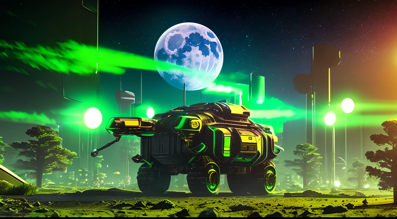 Back view of a giant cyber robot across the moon, 3D; retro cyberpunk; green color splash; dynamic color-field; cyclorama effect; ultra realistic.