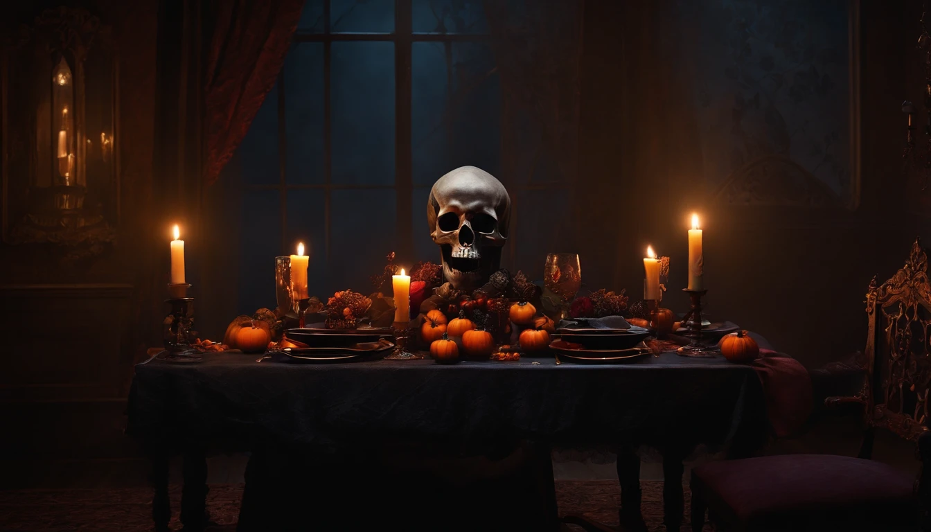 Paint the Halloween design with skeletons dining by candlelight inside a dark house, con gatos alrededor. Mural Art style design. Dark Gothic and Vintage style design.