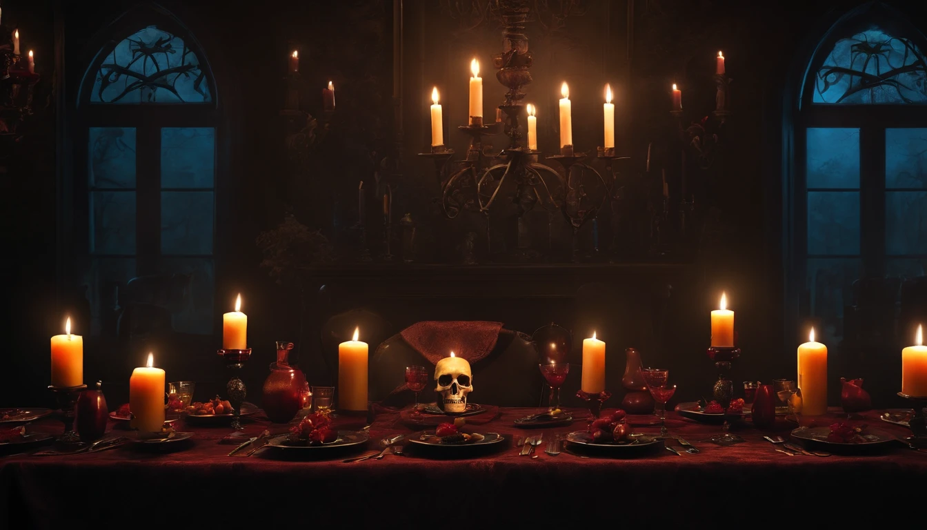 Vintage style dark gothic art mural painting, in a dark haze environment with a candlelit table and Halloween skull