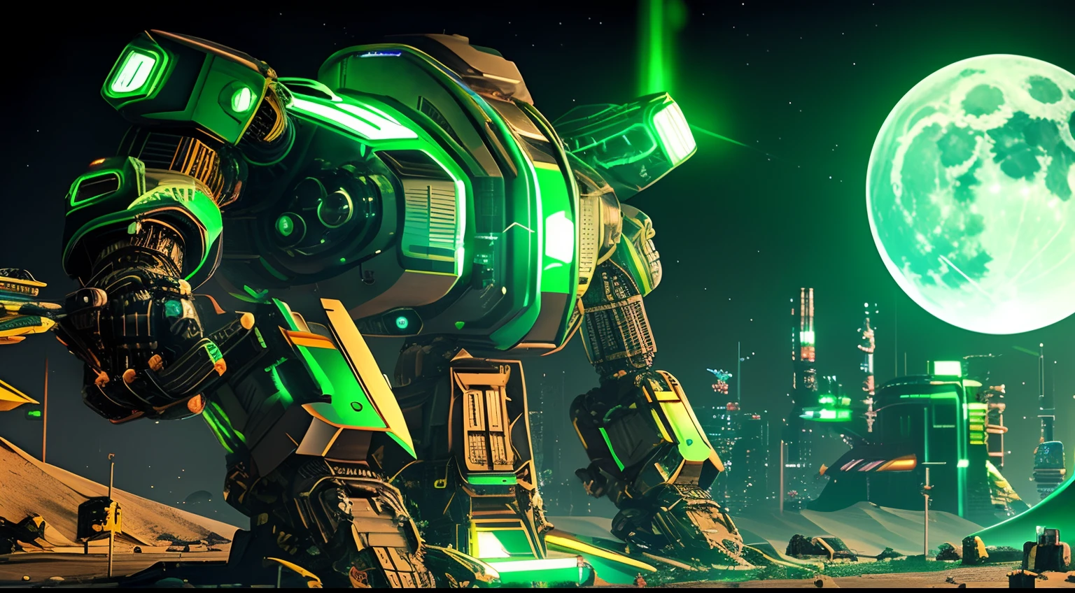 Back view of a giant cyber robot across the moon, 3D; retro cyberpunk; green color splash; dynamic color-field; cyclorama effect; ultra realistic.
