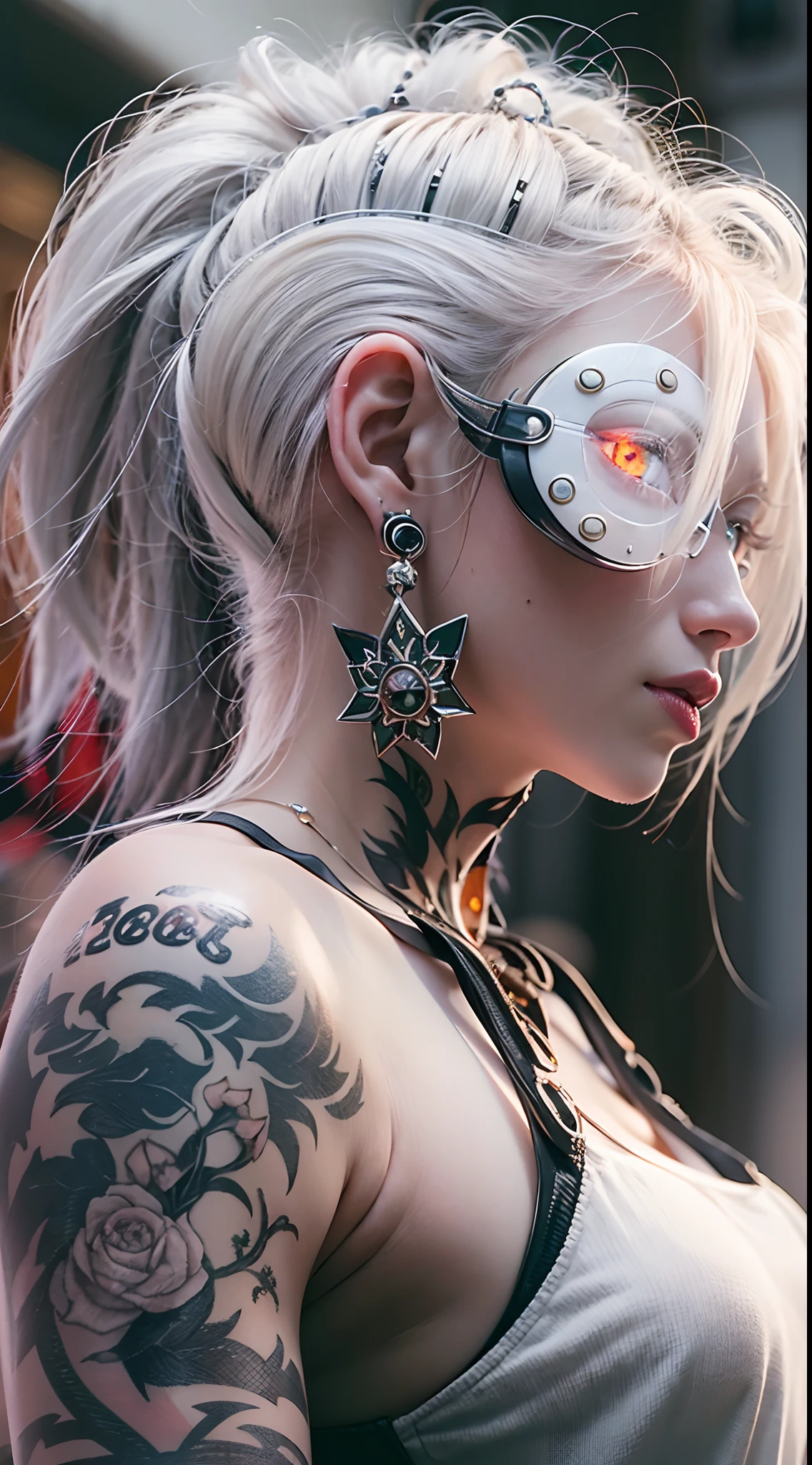 The prompts for the first theme are as follows:
"(Best Quality, 8K, 32K, masutepiece:1.3), Ultra-detailed, (Photorealistic:1.4), white colors, albino, Punk Girl, Detailed eyes, Upper body, Luxurious punk hair, Edgy punk fashion, Avant-garde makeup, Numerous piercings, Heavily tattooed body, Street background, Backlight effect, Shallow depth of field, Blurry background"