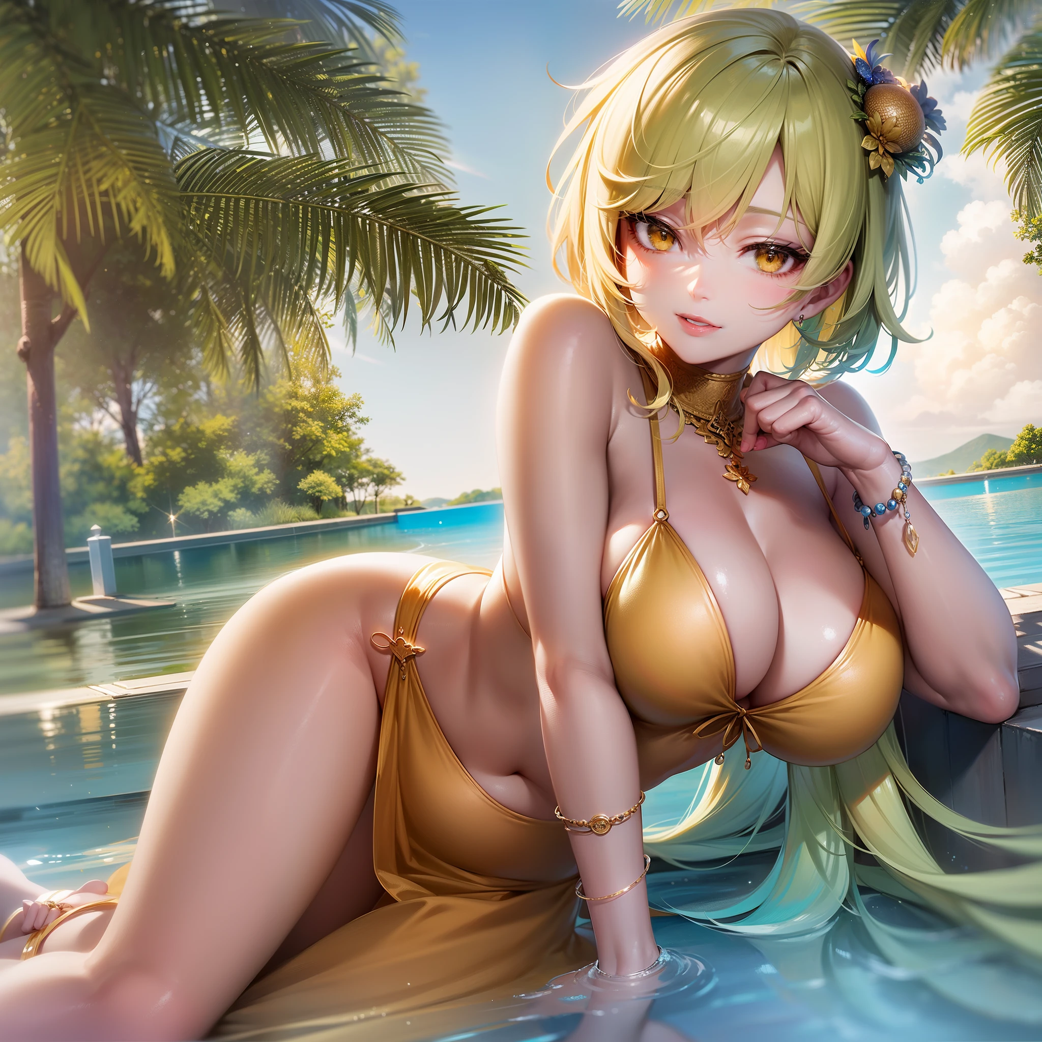 (Highly detailed CG Unity 8k wallpaper, masterpiece, top quality), staring at the viewer, (beautiful adult woman sitting by the pool) (Yellow-green bob cut blue sun visor) (Cloudless blue sky, dazzling sun) (Big breasts yellow high leg yellow dress swimsuit Simple design swimsuit Sensational see-through off-shoulder) (hands of perfect proportions with one thumb and four fingers)　Perfect proportions (perfect smile) Side boob Realistic cleavage (simple design bracelet simple design anklet) Low angle (clean legs, clean skin, clean face) (shiny clean yellow eyes)