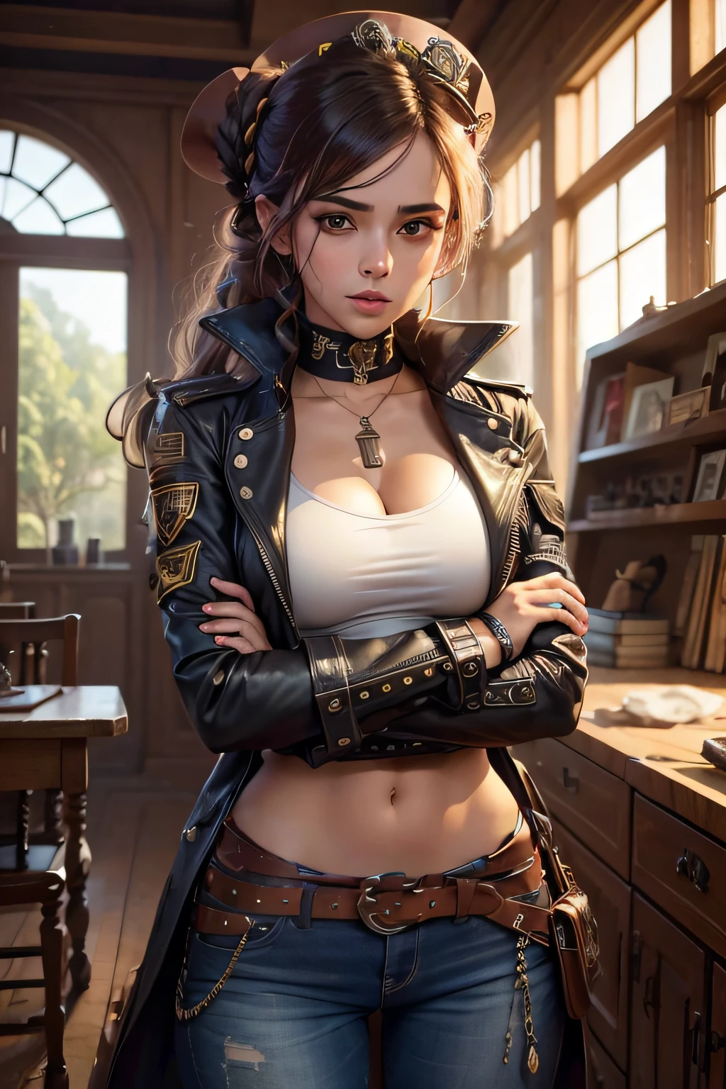 adicione a personagem em uma casa steampunk, Complete the missing parts of the character