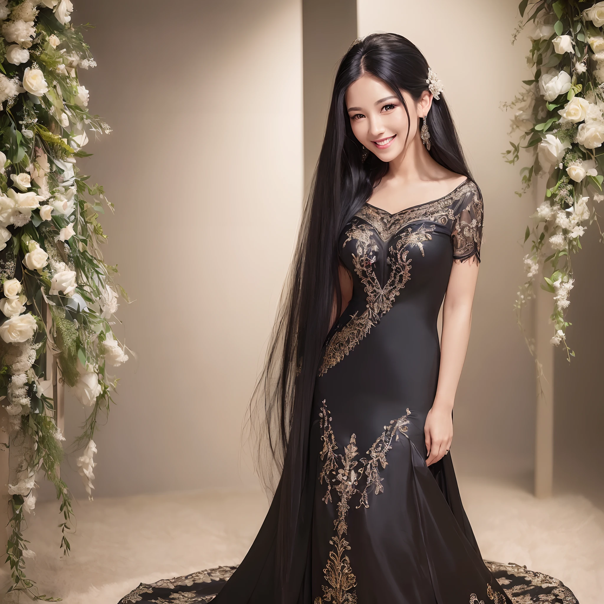 (beautiful detailed woman,33 years old,dressed in an elegant airy dress,long black hair and a cheerful smile,standing and looking at the viewer,ultra-detailed and highly realistic:1.2),evening gown,garden,fine painting,joyful expression,studio lighting,vivid colors