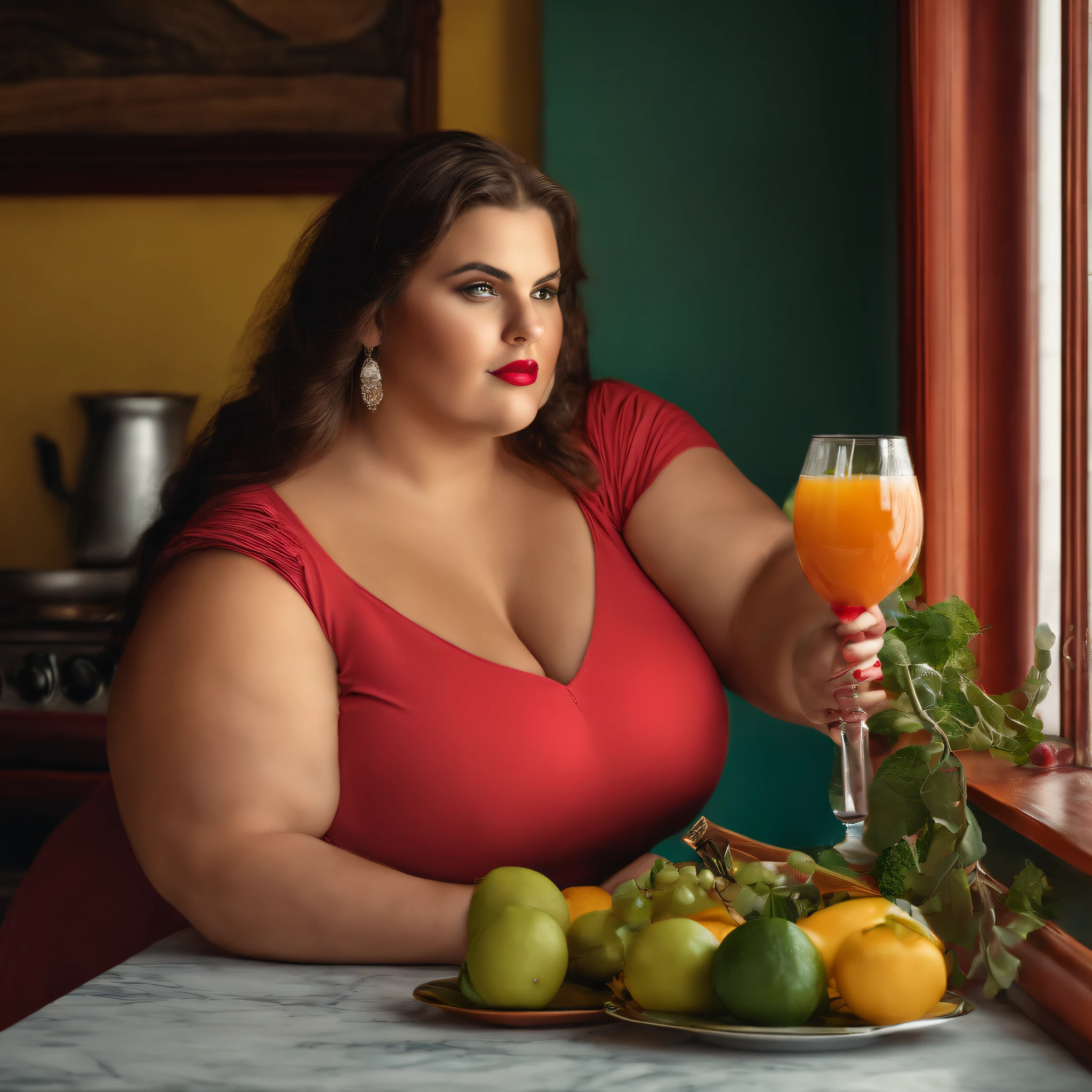 Retrato realista, High Resolution Very Fat Woman, obesa, cozinha,comendo
