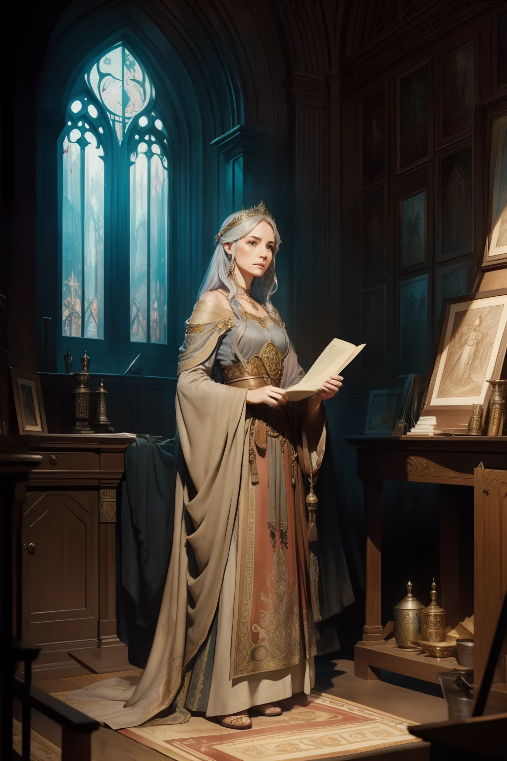 old queen holding a scroll and looking at the camera, full body, medieval fantasy, line art watercolor wash, concept art, by Brian Froud and Carne Griffiths and Wadim Kashin and John William Waterhouse, intricate details, 8k post production, high resolution, hyperdetailed, trending on artstation, sharp focus, studio photo, intricate details, highly detailed, by greg rutkowski