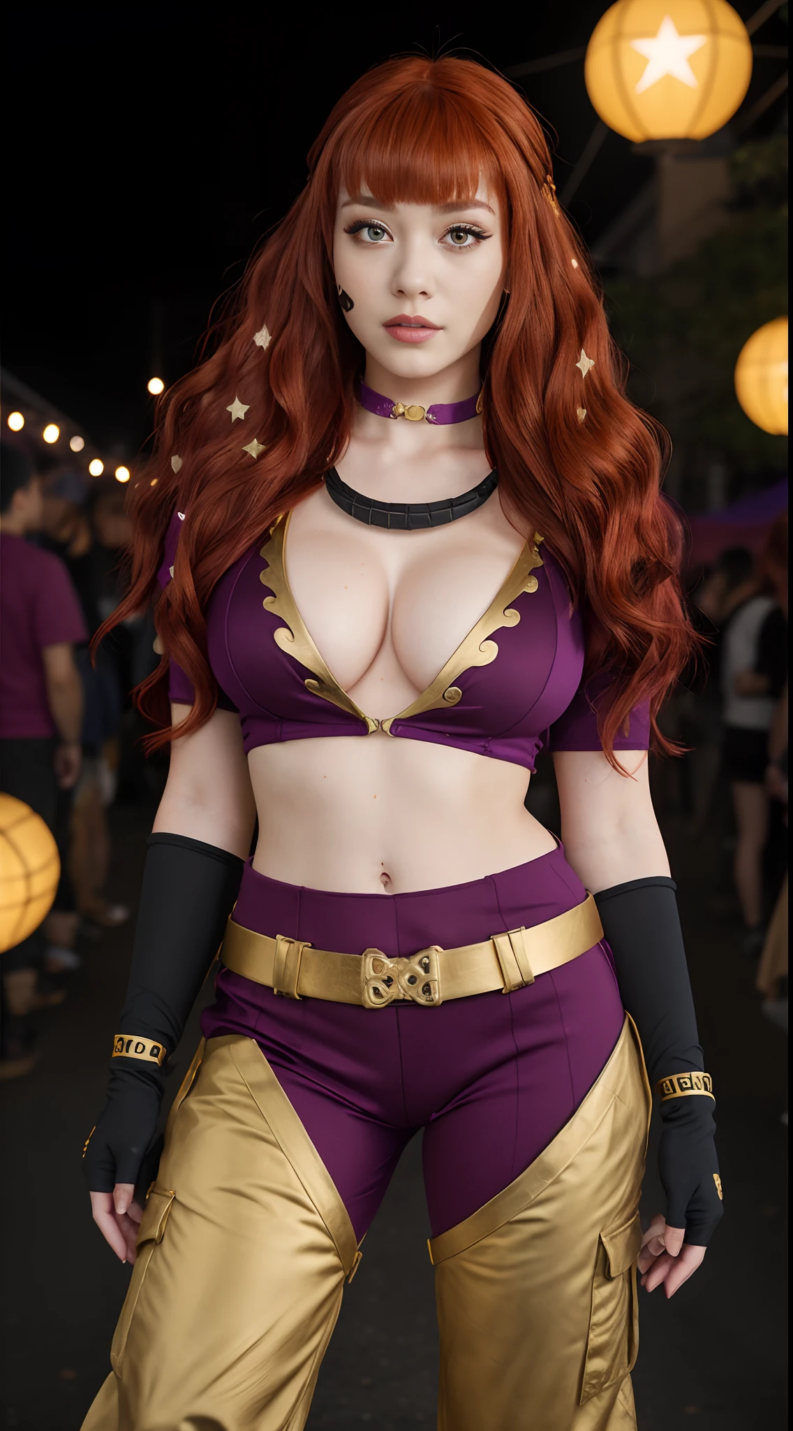 YunakaFE, 1girl, photo of yunaka in purple and gold rave clothes, gold baggy cargo chaps, red hair with long bangs, choker, natural cleavage, star hair ornament, belt, elbow gloves, (full body), epic photograph, white woman with ginger hair, festival makeup, ektachrome, Fujifilm XT3, masterpiece