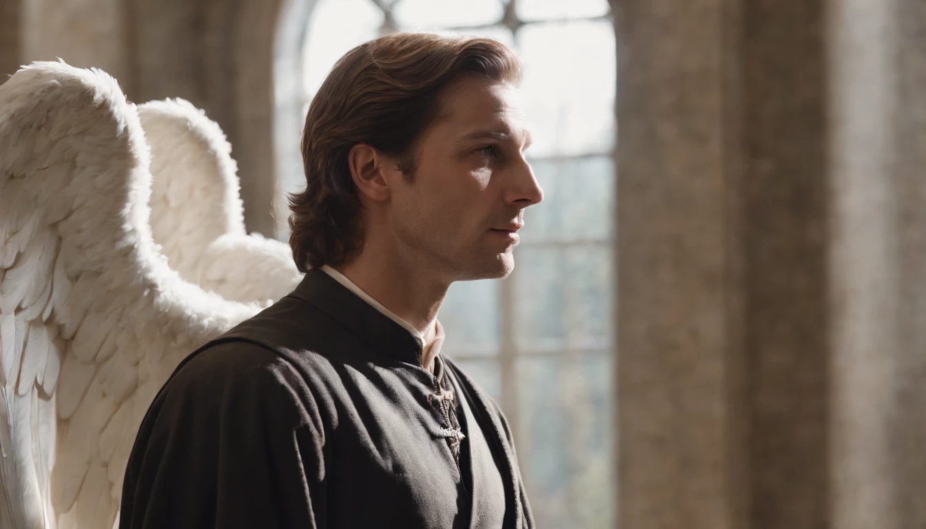 Capture the image of an angel, identifiable as Michael, protecting a believer in a moment of danger. The angel should exude calmness and security, while the believer looks with gratitude and faith in their eyes.