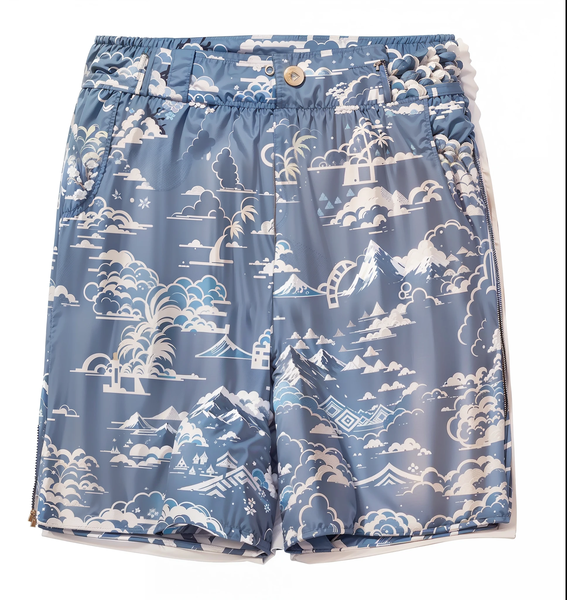 An image of a blue and white pair of shorts ((arte vetorial)), VECTOR WITH PATTERN OF MOUNTAINS AND SMALL COCONUT TREES