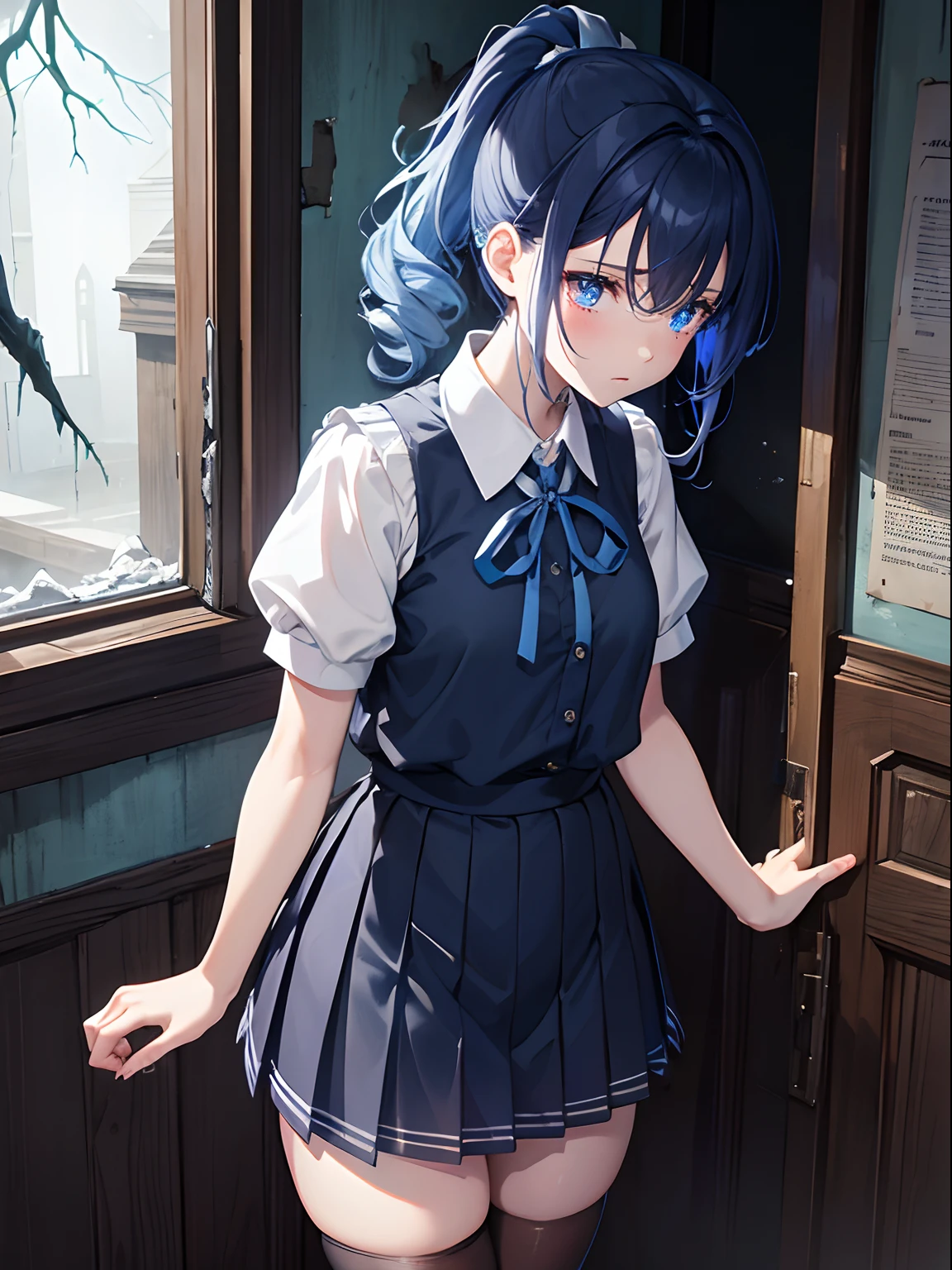 Close up, night, boarding school, rotted wood, dirty walls, broken glass, moonlight, ghost girl, she is glowing blue, pale, blue see through skin, sad expression, tears, curly hair, ponytail, old style school uniform, short skirt, thigh socks