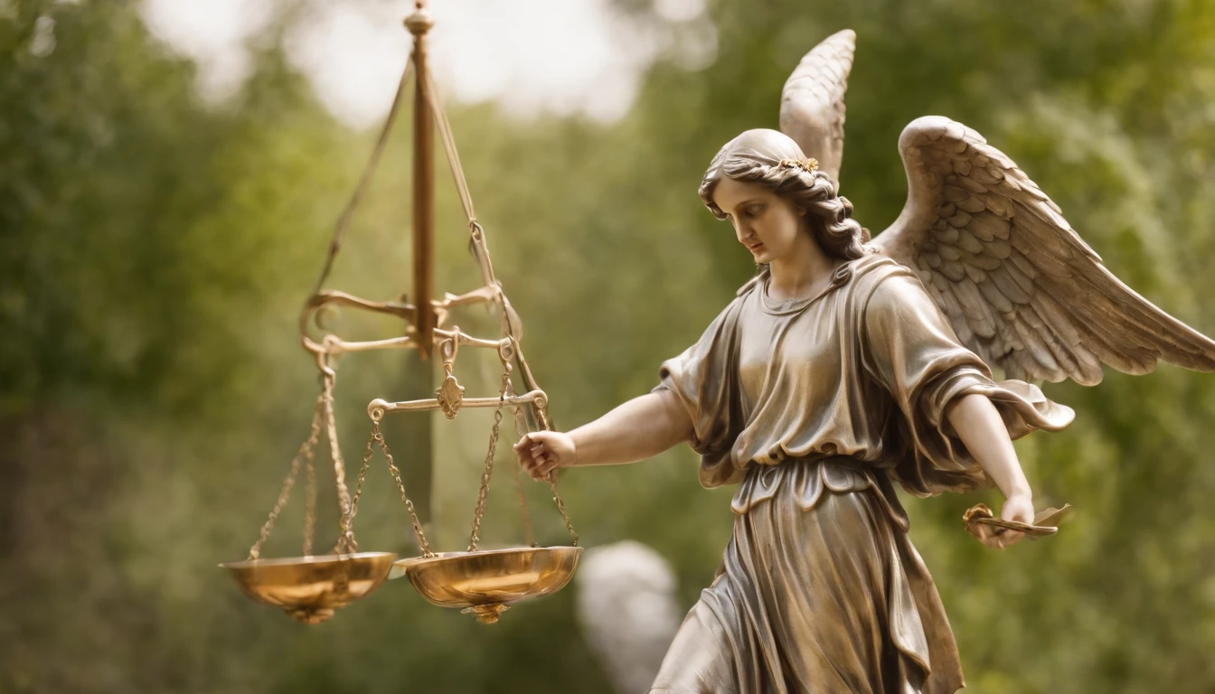 Create a cinematic representation of Saint Michael Archangel weighing souls after death. He should be in a celestial scene, holding a balance scale while serenely observing the souls of two departed individuals. The setting should convey the importance of the divine decision.