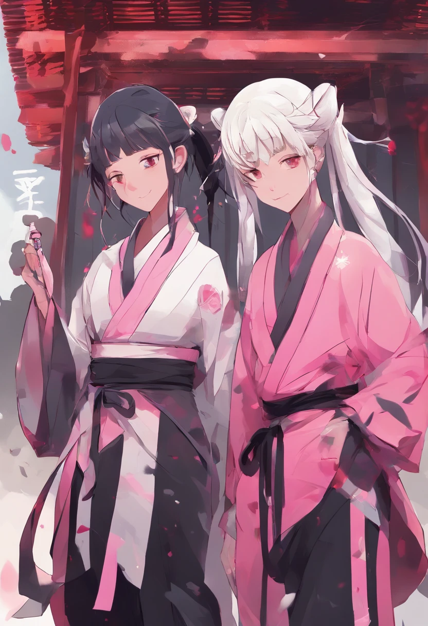 (2 girls, one has a pink suit, white skirt, silver hair and the other a Japanese kimono flowered in pink colors with purple hair ,portrait, athletic, dans la rue, Sunny lighting, Cheerful Details, mise au point nette, Realstic , 2 garcons l'un a un habit rouge pantalon noir avec des cheveux oranger et l'autre porte un habit de ninjas couleurs noir tenant des counailles, portrait, volumeric lighting, Best quality, chefs d'ouvre, details complexe, dans un entrepot abandonner, Intricate details, mappage de tons, mise au point nette), paysage de la photo