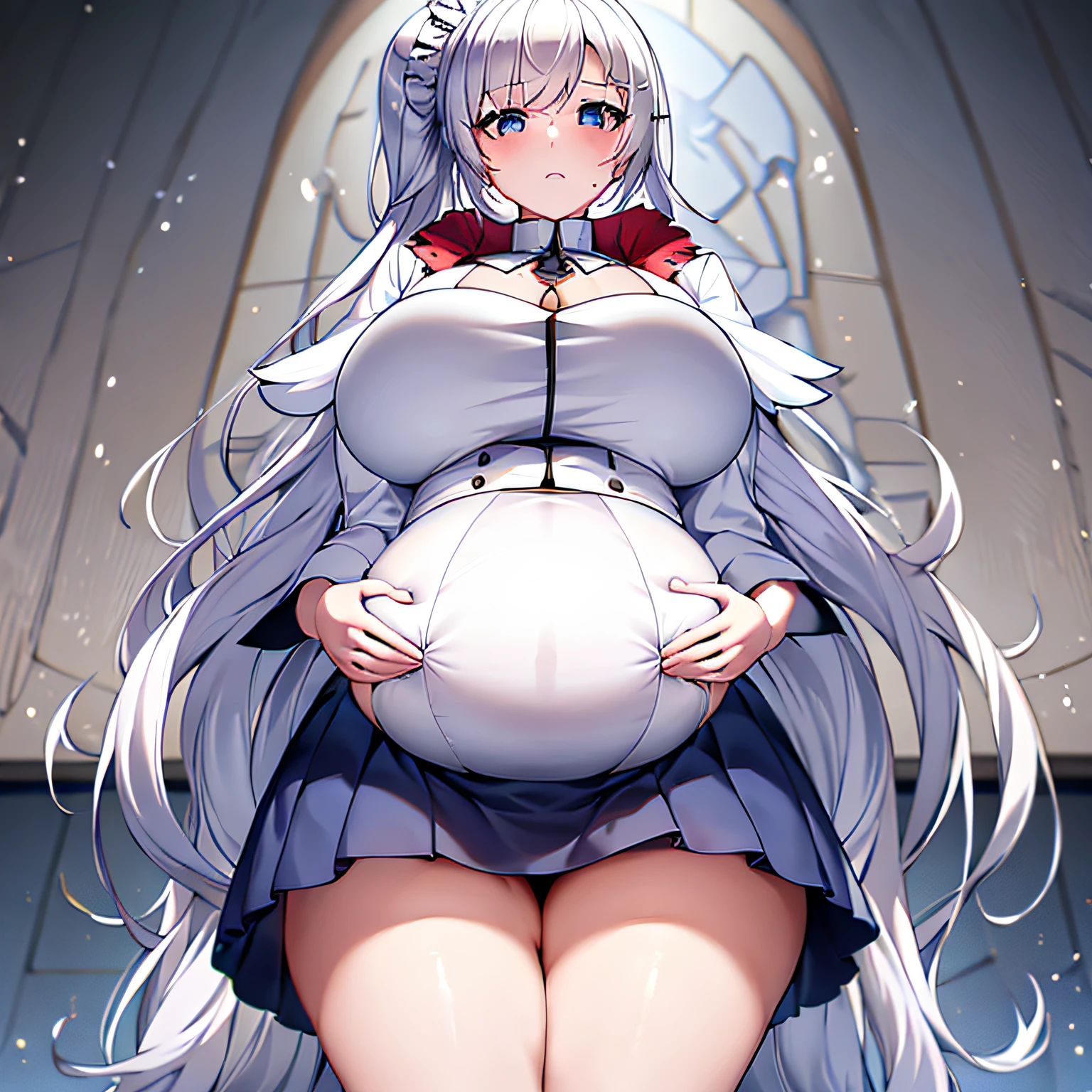 masterpiece, highres, screen shot, best quality, 1girl, (scar on left eye), white cropped jacket, highly detailed, rule of thirds, jewelry, long hair, bangs, hair between eyes,(thicc:0.5), (WeightImmobile:1.3), (obese:1.2) (round face:1.3), huge belly, wide hips, from below, discoelysium, legs spread, muffin top, pudgy, Big Baby Bump pregnant, Big boobs, Big pregnant Belly, Big Pregnant girl, Largest Belly of Pregnant, Huge Pregnancy, Huge 9 months Pregnancy Belly, huge belly expansion, huge belly girl