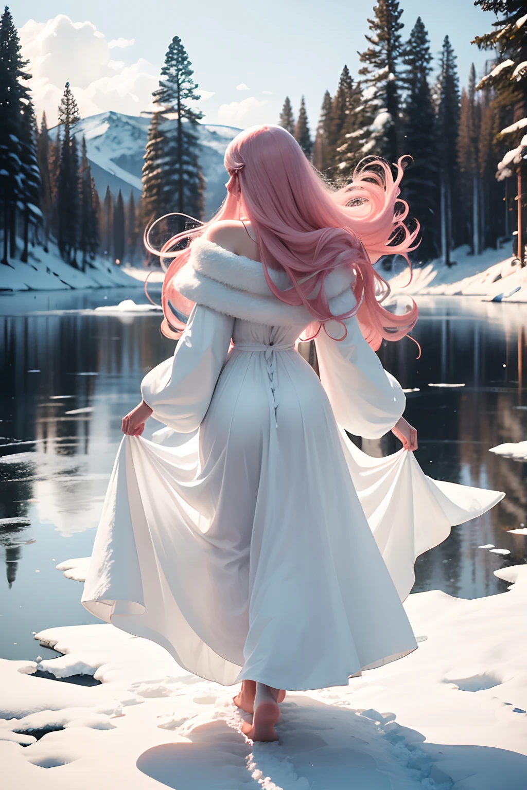 garota de cabelo longo rosa claro, in a long white dress and barefoot on the back, Walking on top of a frozen lake and with several huge snow-capped pine trees around it