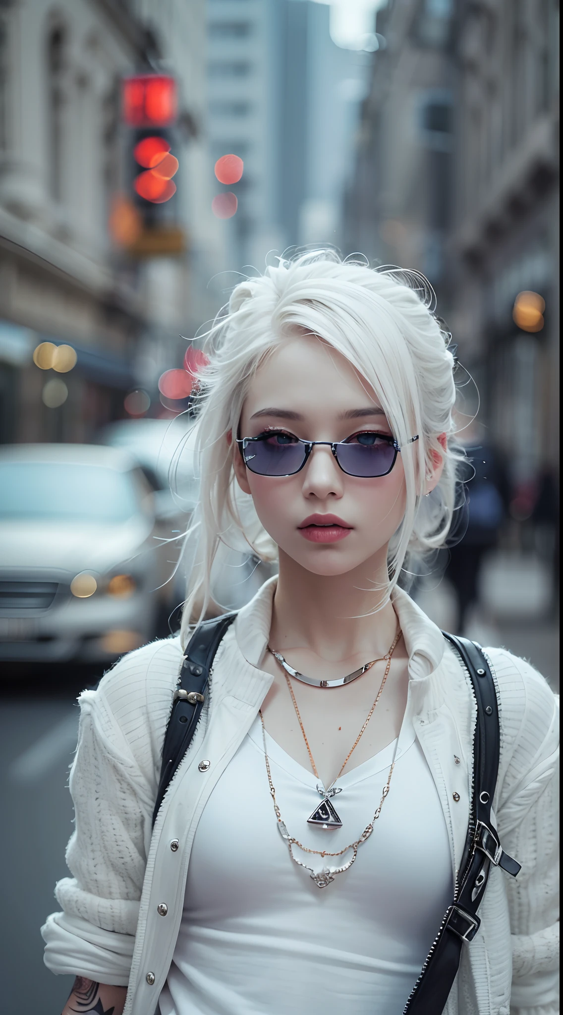 The prompts for the first theme are as follows:
"(Best Quality, 8K, 32K, masutepiece:1.3), Ultra-detailed, (Photorealistic:1.4), white colors, albino, Punk Girl, Detailed eyes, Upper body, Luxurious punk hair, Edgy punk fashion, Avant-garde makeup, Numerous piercings, Heavily tattooed body, Street background, Backlight effect, Shallow depth of field, Blurry background"
