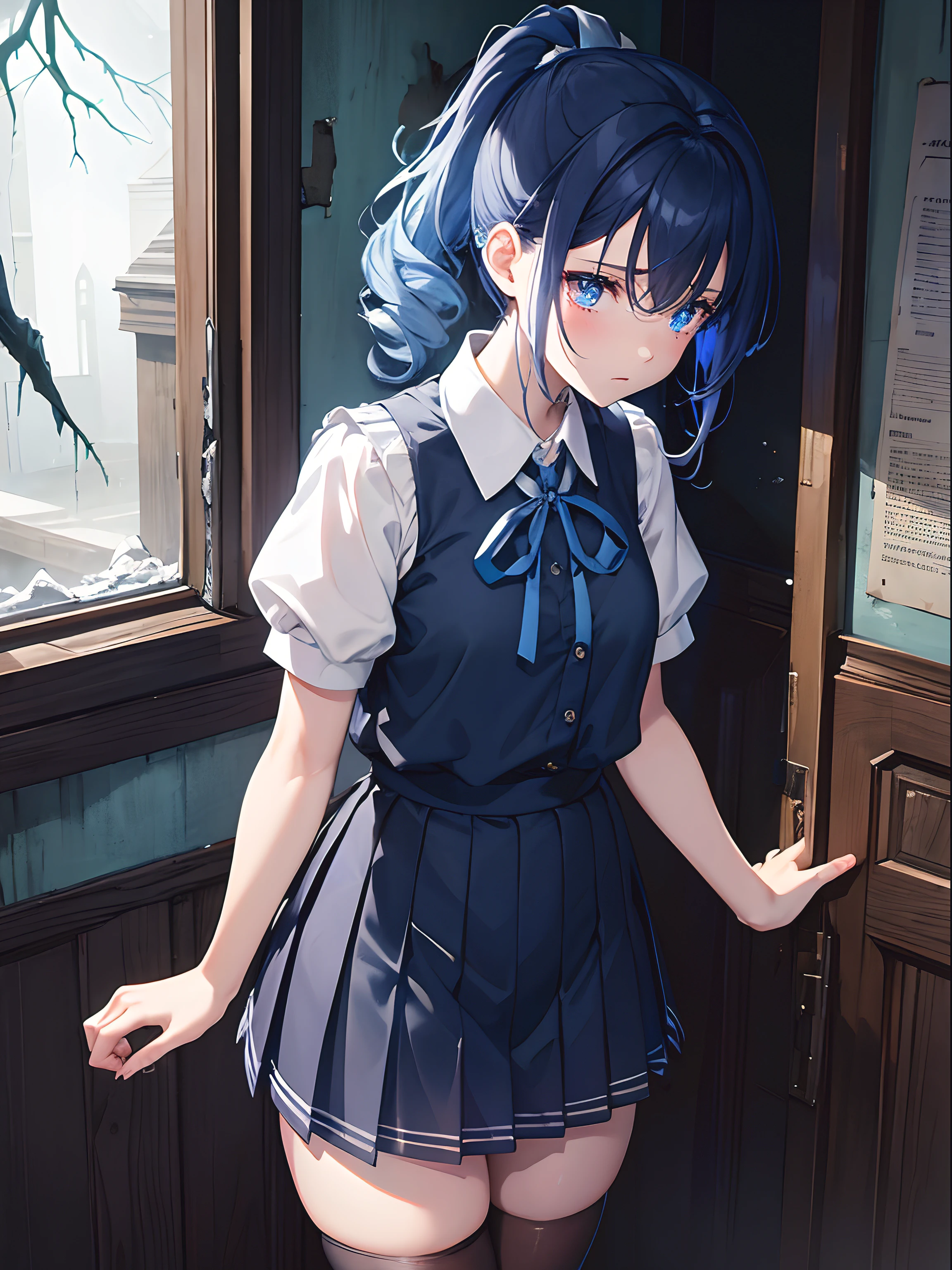 Close up, night, boarding school, rotted wood, dirty walls, broken glass, moonlight, ghost girl, she is glowing blue, pale, blue see through skin, sad expression, tears, curly hair, ponytail, old style school uniform, short skirt, thigh socks