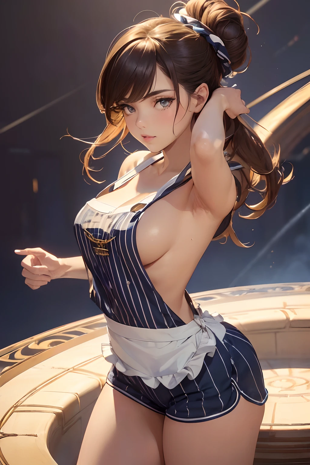 ((masterpiece, best quality, cinematic, photorealistic, ultra-detailed)), ((medium shot)), ((perfect anatomy, perfect eyes, perfect hands, large breasts, round legs, round ass)), ((female model)), ((detailed long and shiny hair, messy bun hairstyle, classic brunette hair color)), ((topless)), ((wearing red apron, made of linen with a subtle sheen, the design is classic pinstripes in white and gold details)), ((wearing navy blue short shorts)), ((dynamic background)), ((sensual pose))