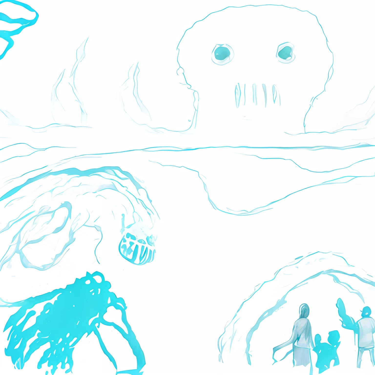 Half-body deep-sea behemoths surfaced,Tentacles waving teeth and claws,Huge in size,Close to the coast,dark stormy clouds, Lightning and thunder。On the opposite side of it is a large stone man。,His entire body consisted of magma and stone。。Next to the stone man are three people hiding behind the stone,One of them raised his hands,The protective shield of the magic array was opened。,The other is to heal others。