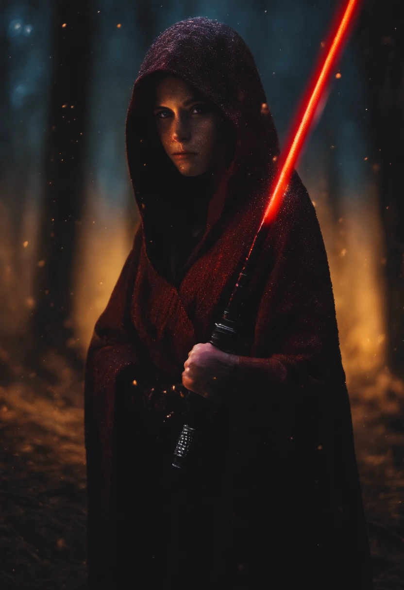 (best quality:1.2,4K,highres),realistic,sith character costume,dark,beautiful detailed European brunette,20-year-old girl,dressed as a Sith from Star Wars,with yellow eyes,red lightsaber,nighttime forest,darkness,woods,gleaming lightsaber,illuminating the darkness
