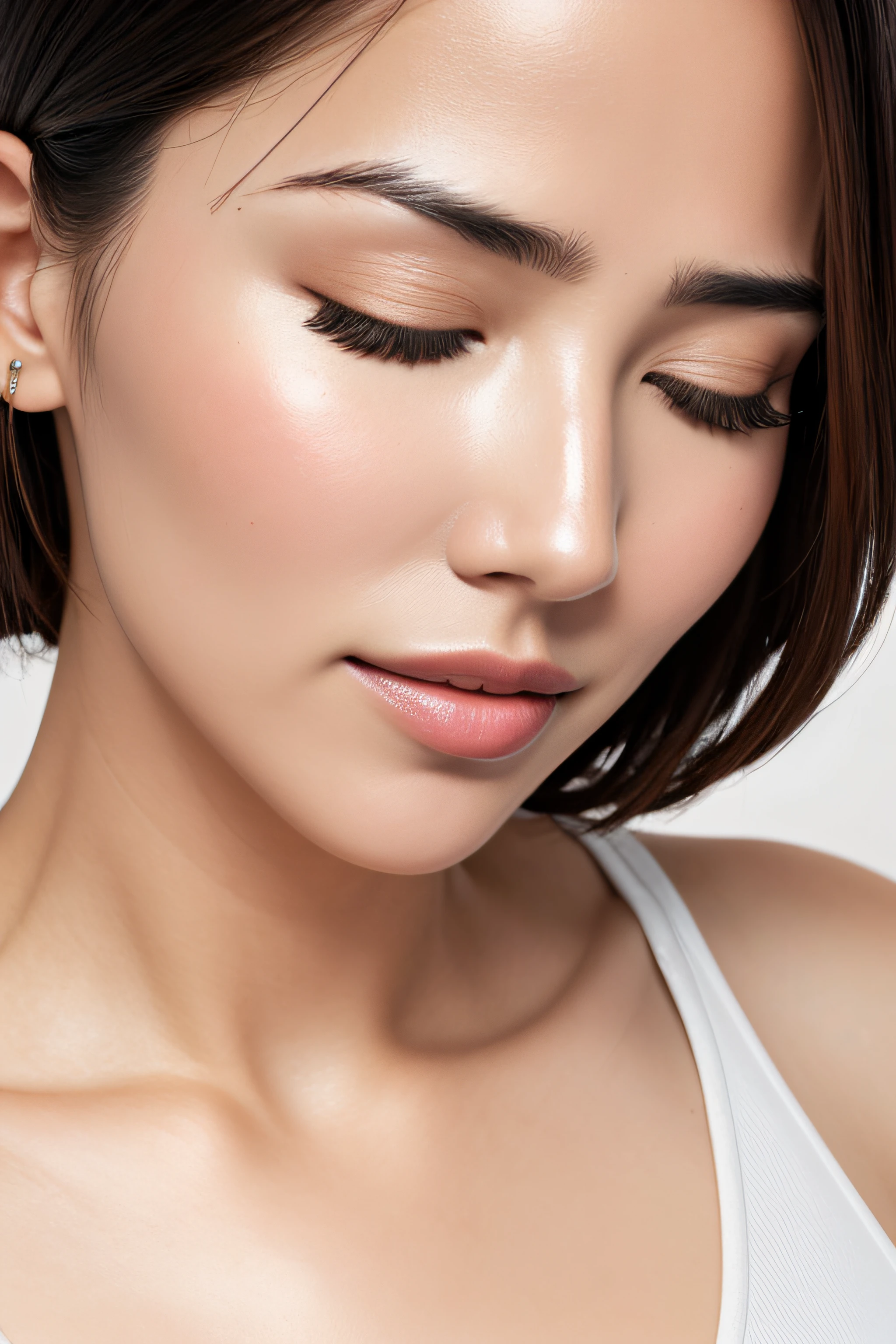 (masutepiece:1.3), (8K, Photorealistic, Raw photography, Best Quality: 1.4), award - winning photo, Extremely detailed, edgOrgasm,Face Focus, ((Woman with mouth open and eyes closed)) ((Wrinkles between the eyebrows)) , Lighting that brings out the luster of the skin、White background、Camisole、Skin shiny with sweat、Sweaty skin、Clabrasion glistening with sweat