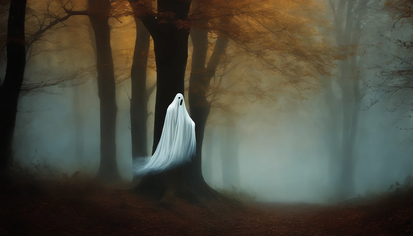 Wall Art Painting Dark Gothic Vintage Style Halloween, With design of a white ghost in the deep forest with mist.